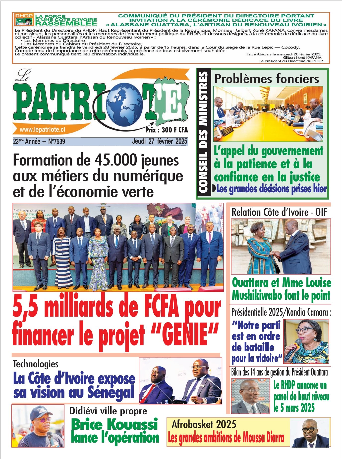 Le Patriote n°7539 du Jeudi 27 Février 2025-Formation de 45.000 jeunes  aux métiers du numérique  et de l’économie verte : 5,5 milliards de FCFA pour   financer le projet “GENIE“ !