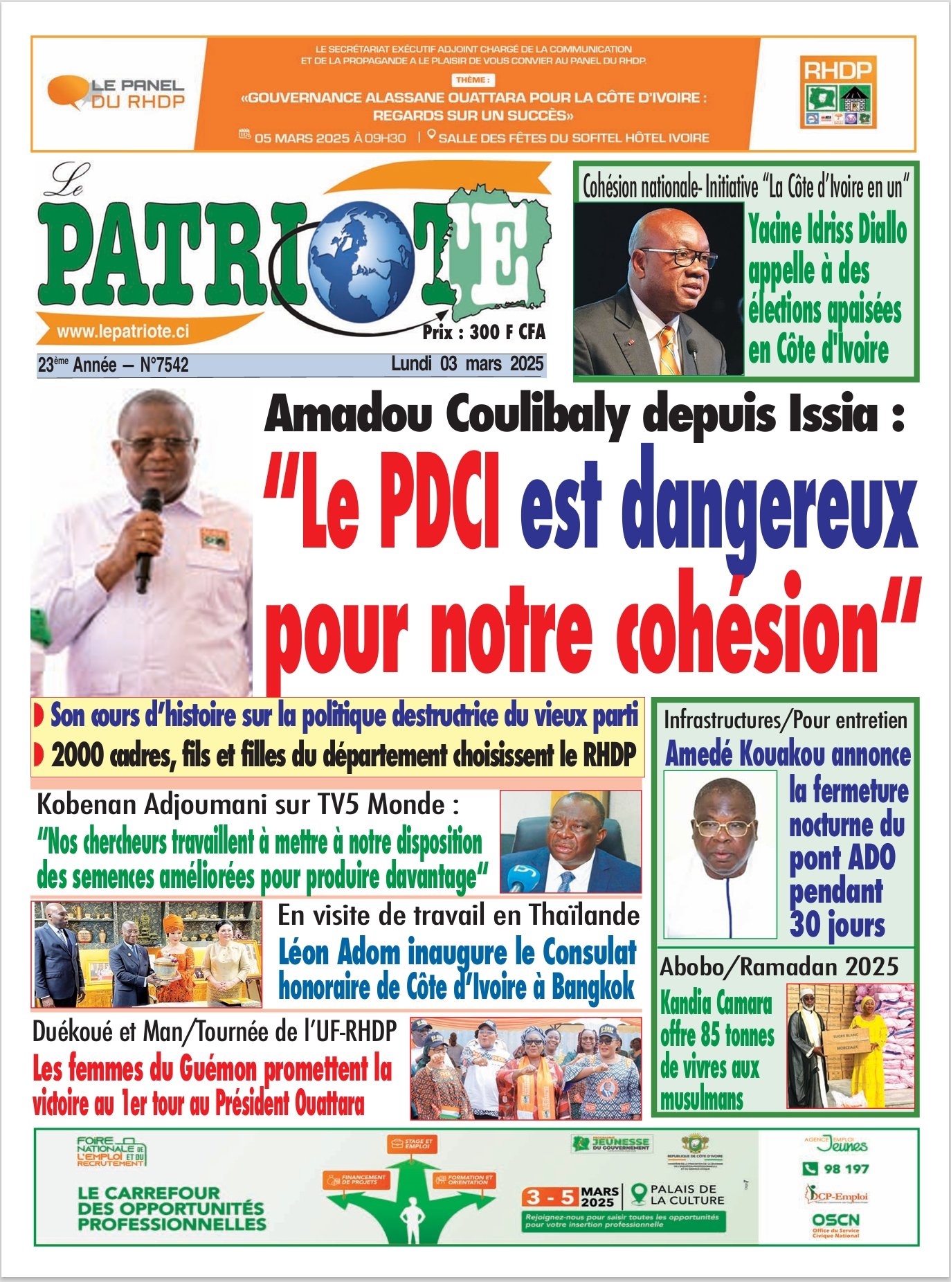 Le Patriote n°7542 du Lundi 03 Mars 2025 - Amadou Coulibaly depuis Issia :  “Le PDCI est dangereux  pour notre cohésion“