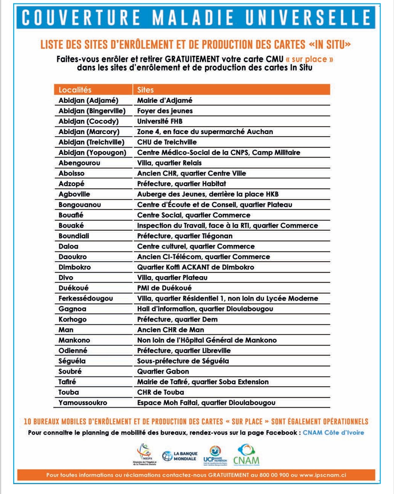 CMU : Voici la liste des sites d’enrôlement et de production des cartes “in situ“