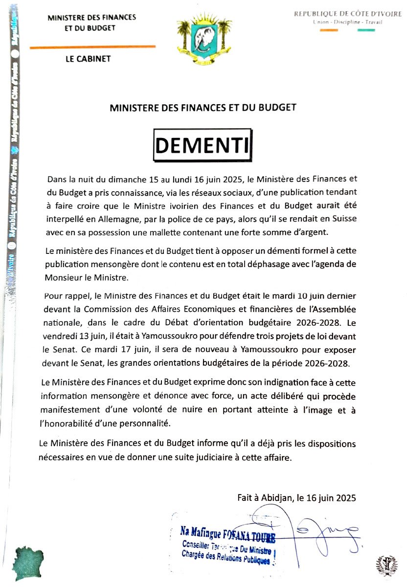Allemagne-Le démenti du ministère des Finances et du Budget sur la supposée interpellation du ministre Adama Coulibaly !