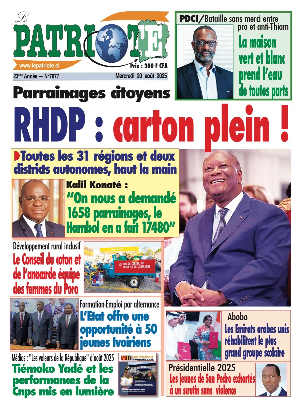 Le Patriote n°7677 du Mercredi 20 Août 2025 - Parrainages citoyens : RHDP, carton plein !