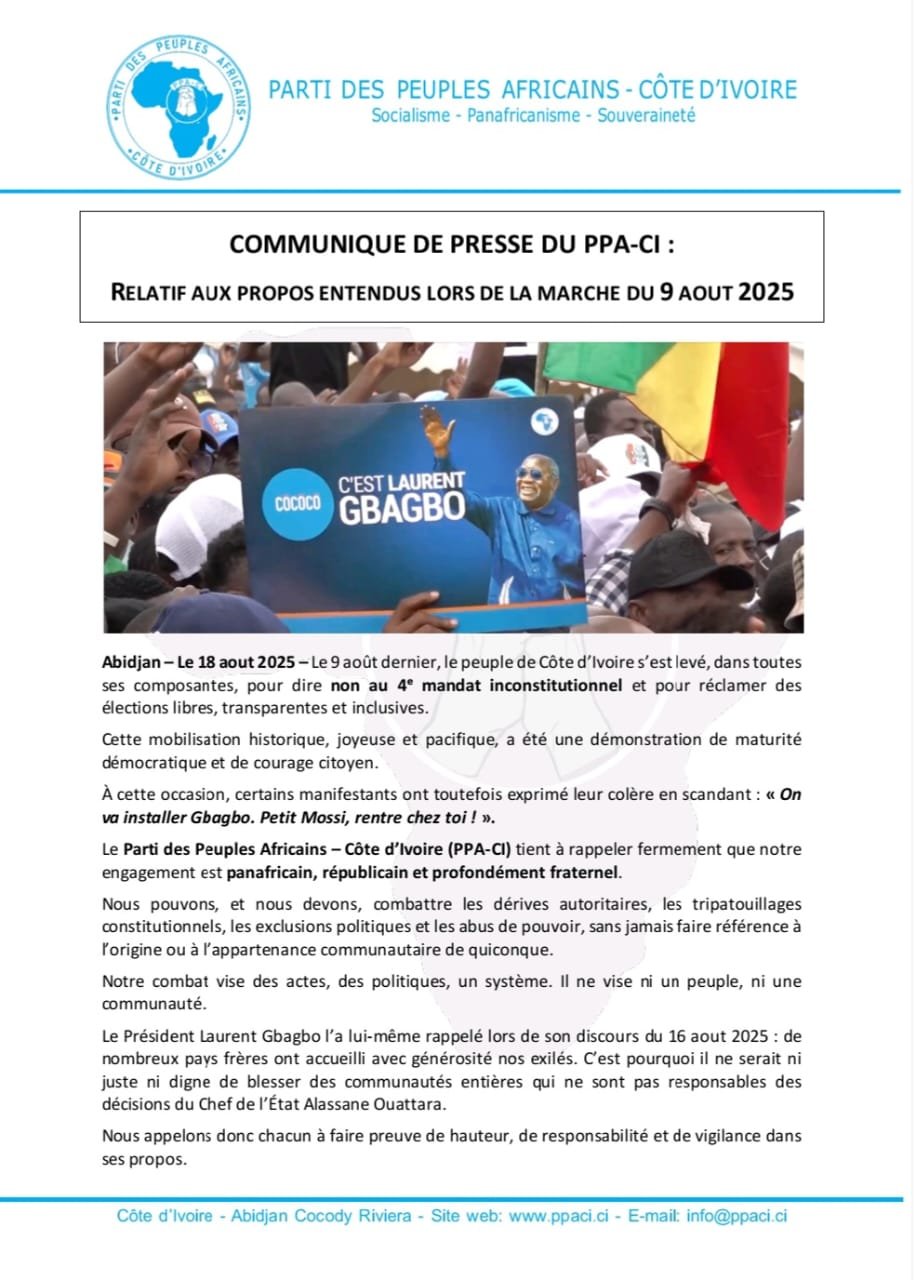 PPA-CI - Communiqué relatif aux propos xénophobes de ses militants : Une condamnation du bout des lèvres