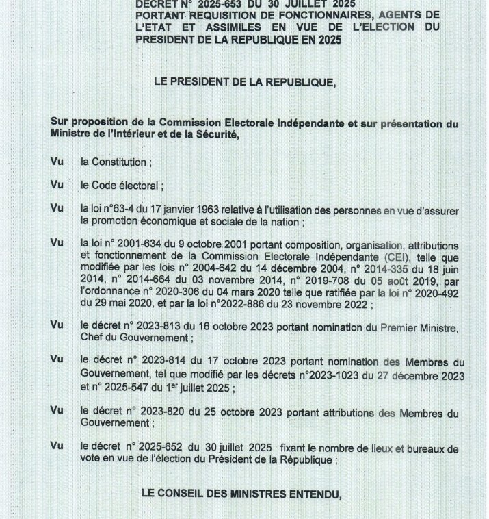 Présidentielle 2025 : Fonctionnaires et agents de l’Etat réquisitionnés  pour la bonne tenue du scrutin du 25 octobre