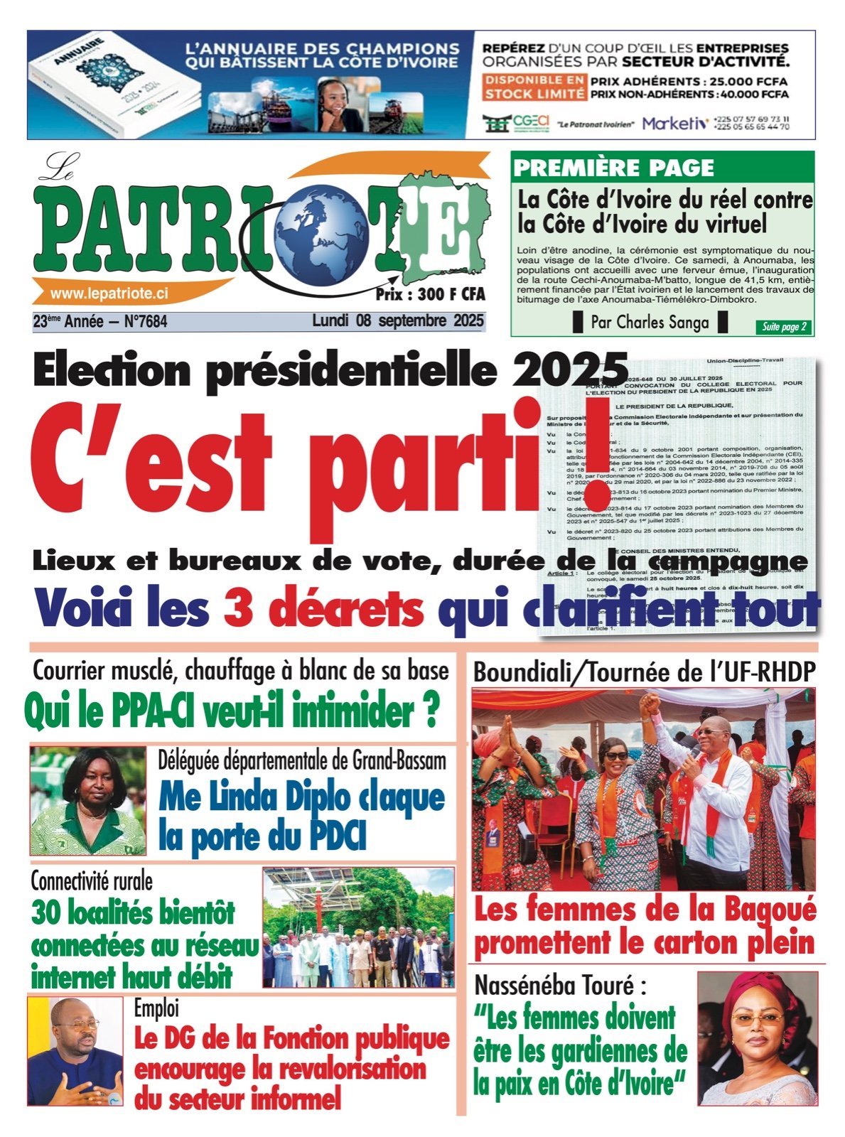 Le Patriote n°7684 du Lundi 08 Septembre 2025 - Election présidentielle 2025: C’est parti !