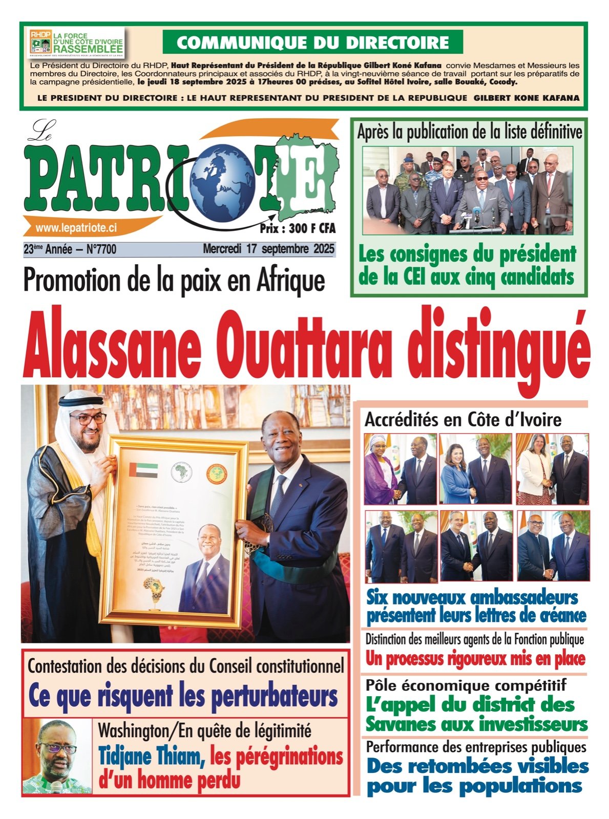 Le Patriote n°7700 du Mercredi 17 Septembre 2025 - Promotion de la paix en Afrique : Alassane Ouattara distingué !
