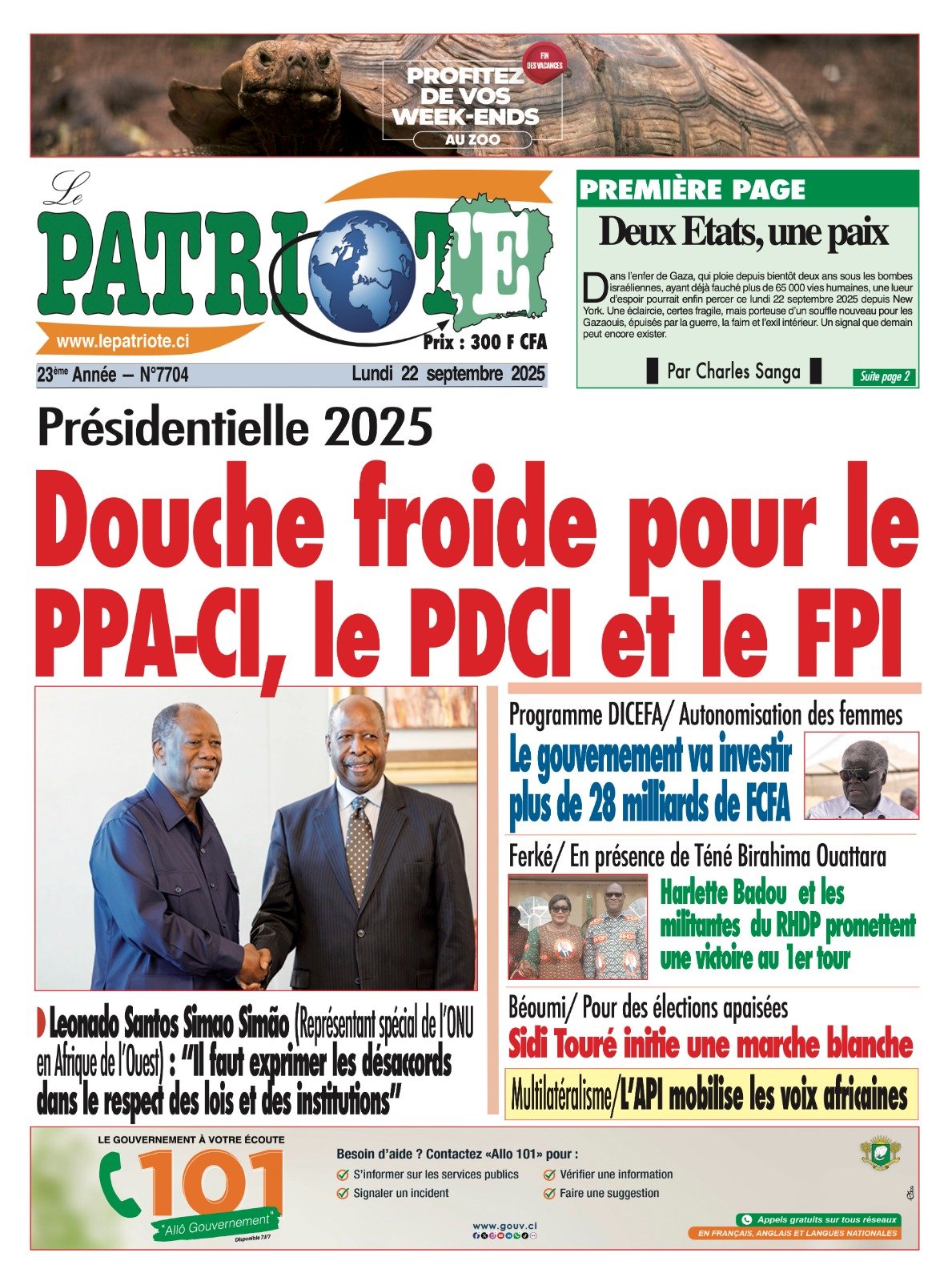 Le Patriote n°7704 du Lundi 22 Septembre 2025 - Présidentielle 2025 : Douche froide pour le PPA-CI, le PDCI et le FPI !