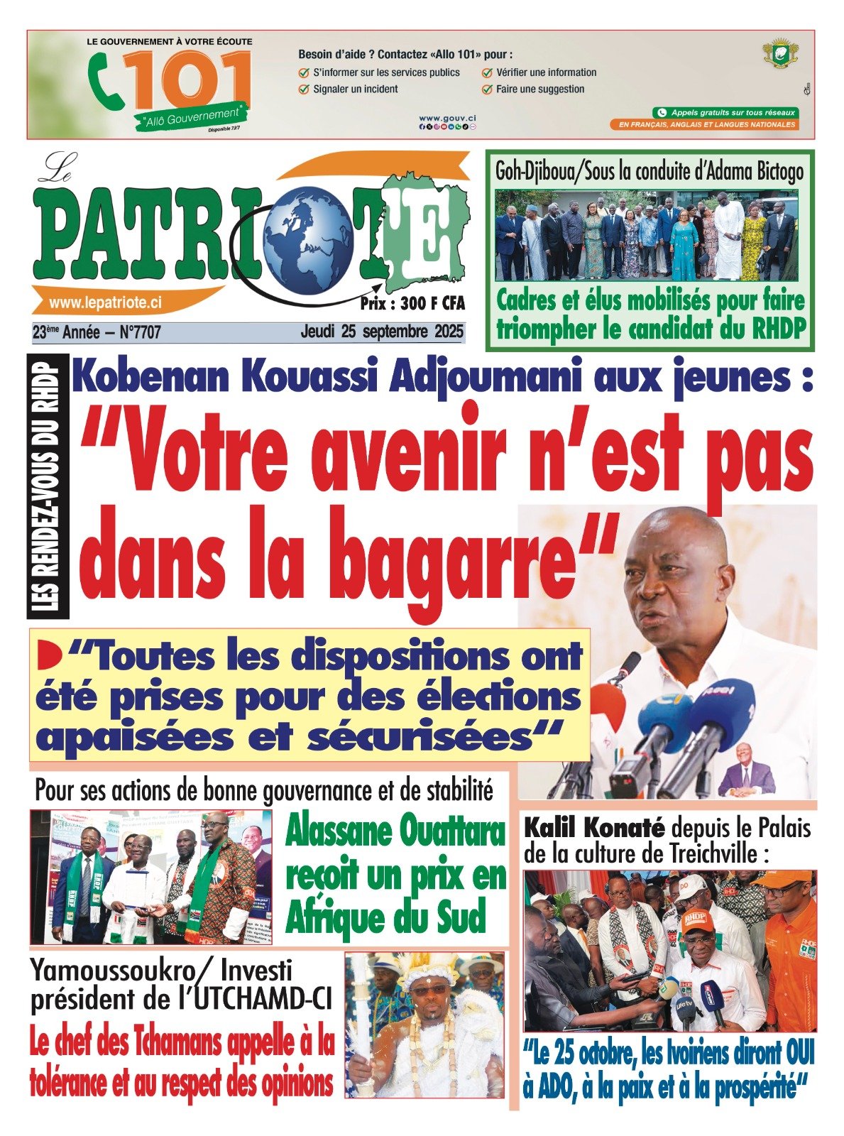 Le Patriote n°7707 du Jeudi 25 Septembre 2025 - Kobenan Kouassi Adjoumani aux jeunes : "Votre avenir n’est pas  dans la bagarre"