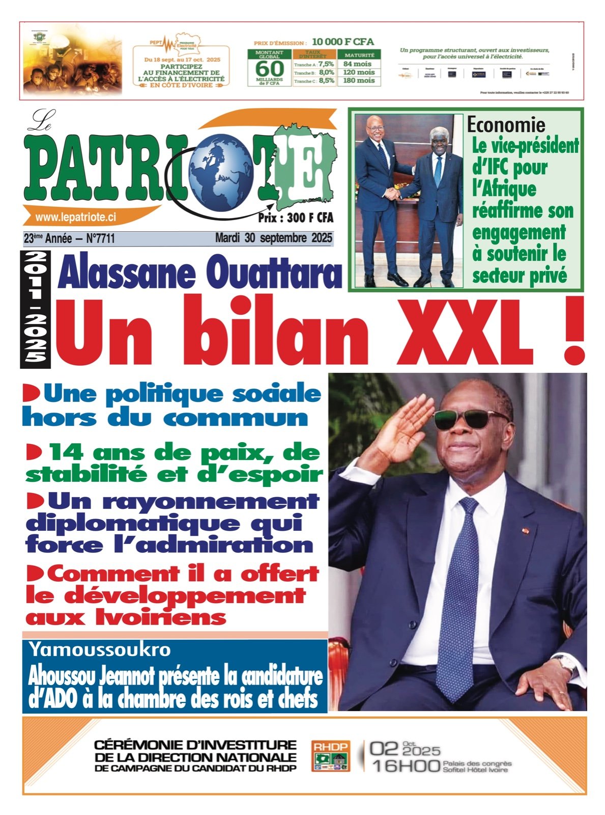 Le Patriote n°7711 du Mardi 30 Septembre 2025 - 2011-2025 : Alassane Ouattara, un bilan XXL !