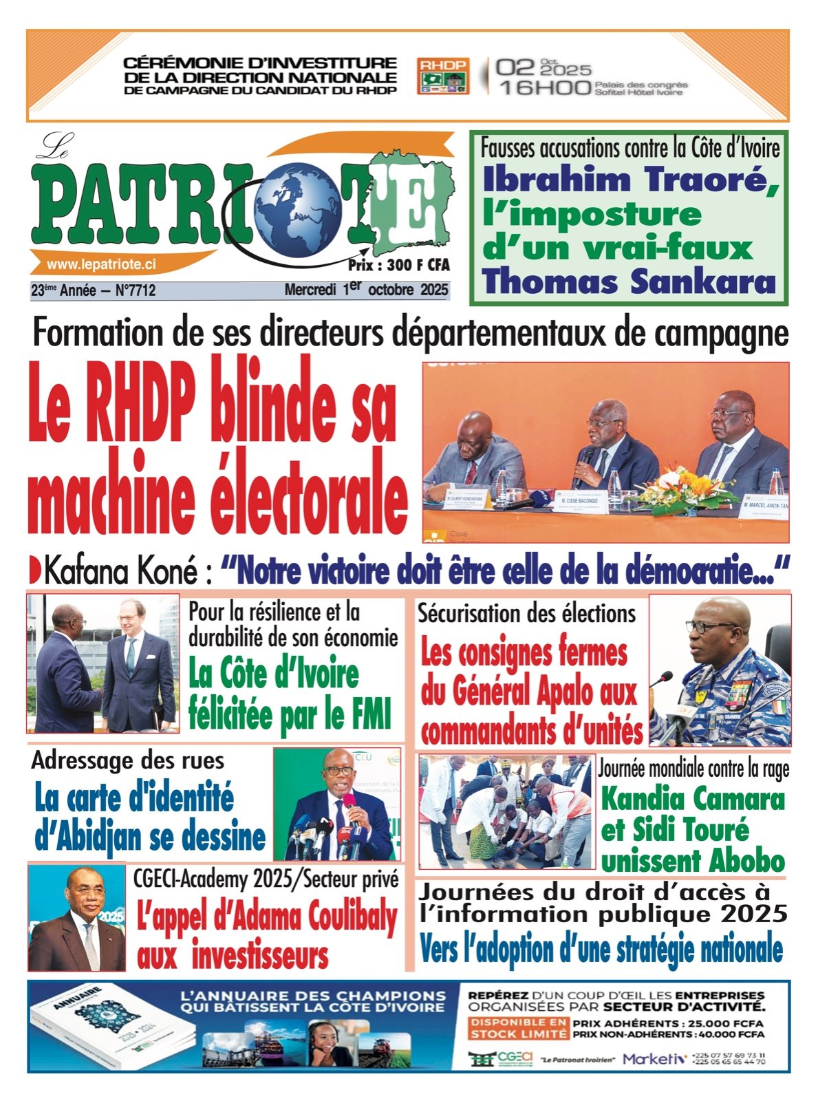 Le Patriote n°7712 du Mercredi 01 Octobre 2025 - Formation de ses directeurs départementaux de campagne : Le RHDP blinde sa  machine électorale