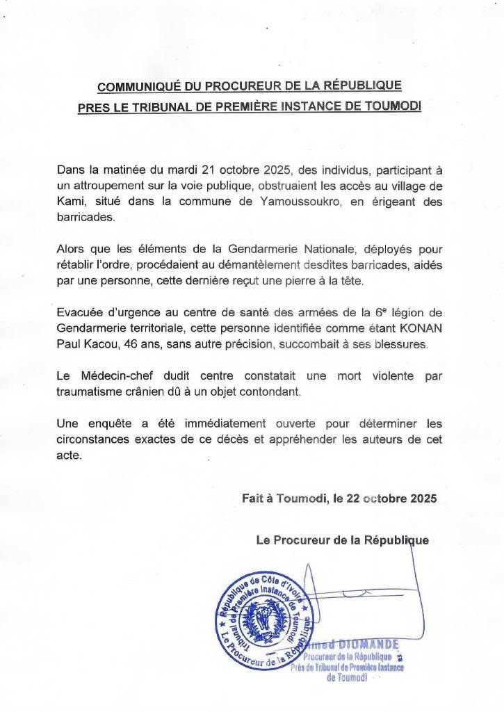 Communiqué du procureur de la République près le tribunal de première instance de Toumodi suite au décès du nommé Konan Paul Kacou