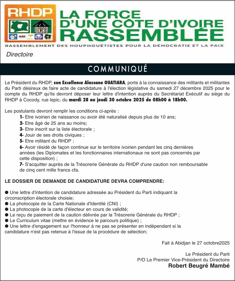 Législatives 2025 : Tout sur les conditions pour devenir candidat RHDP !