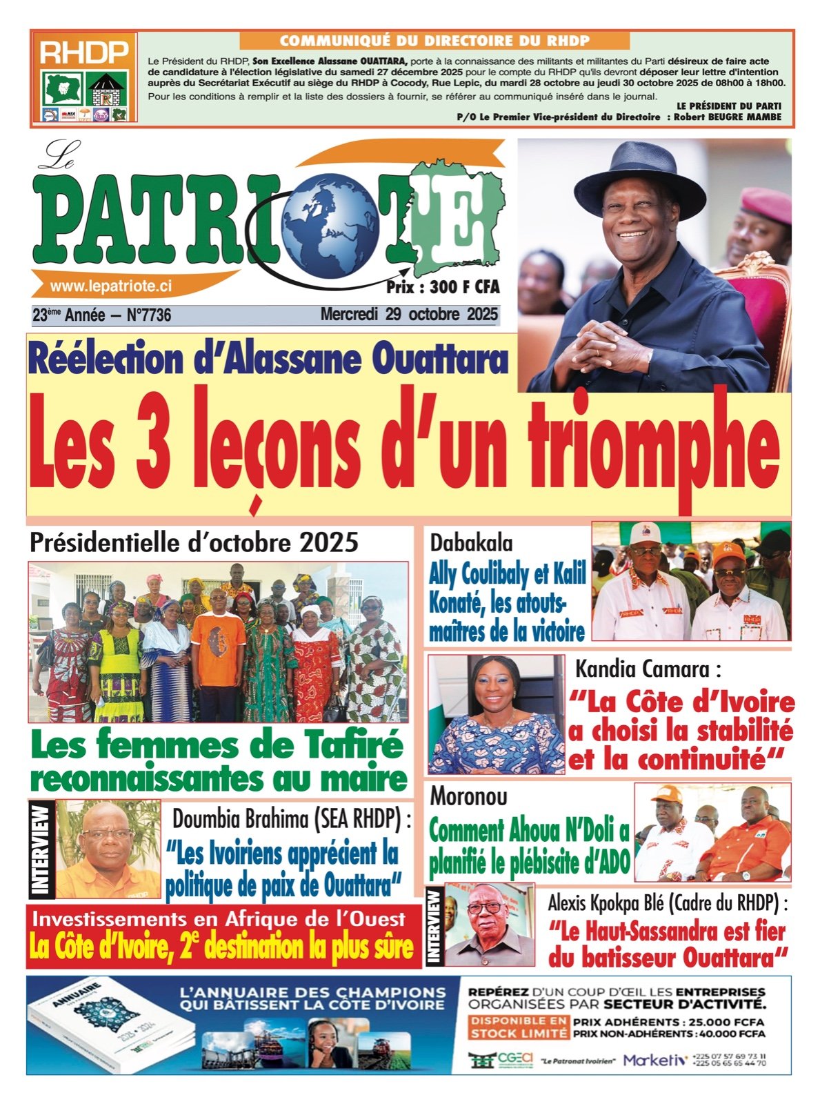 Le Patriote n°7736 du Mercredi 29 Octobre 2025 - Réélection d’Alassane Ouattara : Les 3 leçons d’un triomphe !