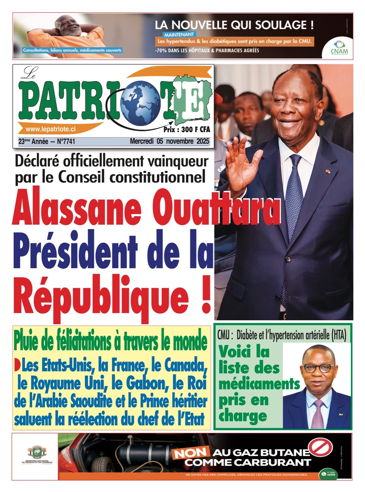 Le Patriote n°7741 du Mercredi 05 Novembre 2025 - Déclaré officiellement vainqueur par le Conseil constitutionnel : Alassane Ouattara Président de la République !
