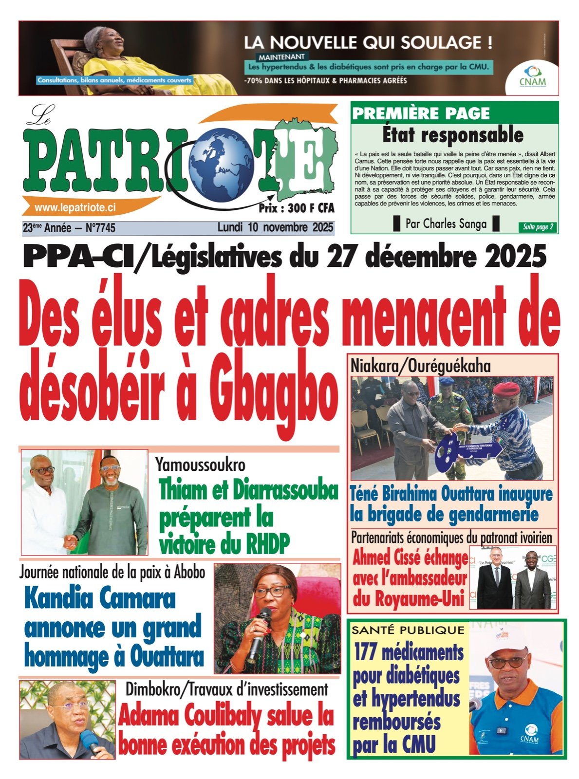 Le Patriote n° 7745 du Lundi 10 Novembre 2025 - Législatives 2025 : Des cadres du PPA-CI menacent de désobéir à Gbagbo !
