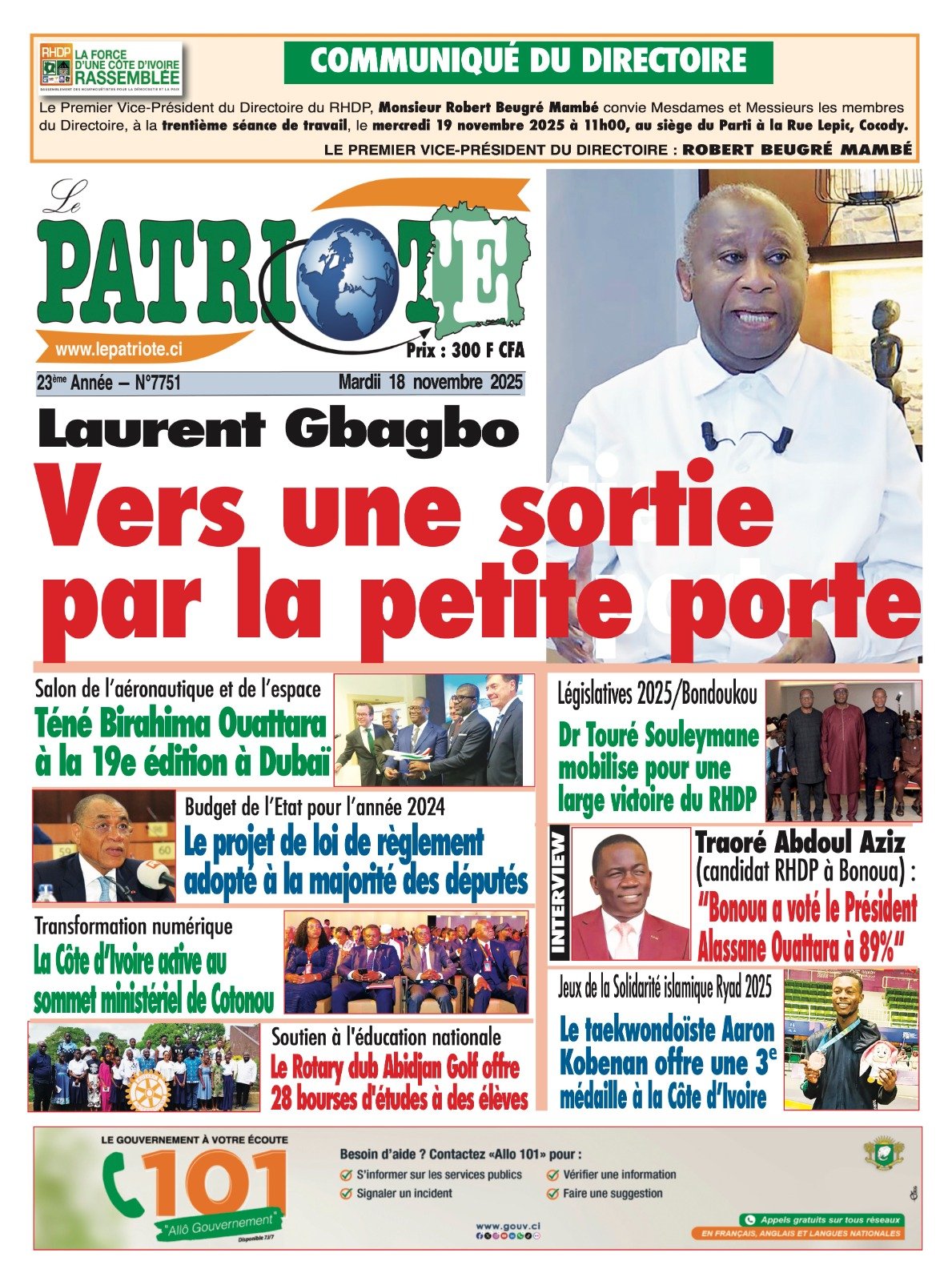 Le Patriote n°7751 du Mardi 18 Novembre 2025 - Laurent Gbagbo : Vers une sortie par la petite porte !