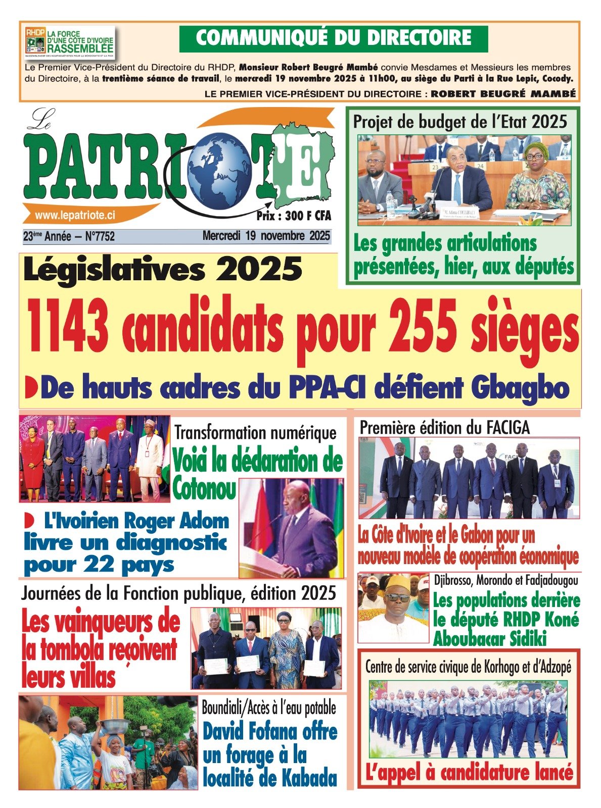 Le Patriote n°7752 du Mercredi 19 Novembre 2025 - Législatives 2025  : 1143 candidats pour 255 sièges
