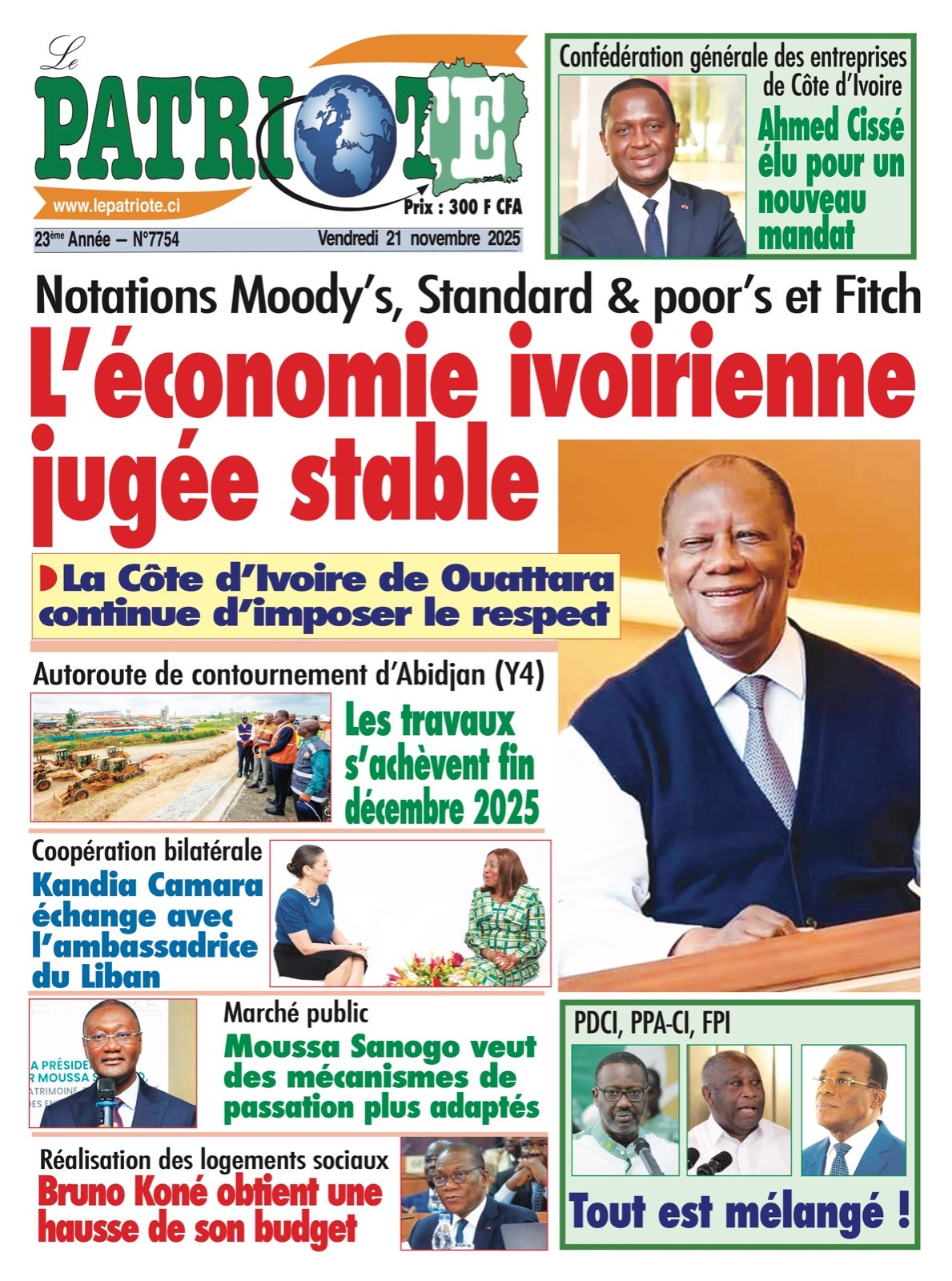 Le Patriote n°7754 du Vendredi 21 Novembre 2025 - Notations Moody’s, Standard & poor’s et Fitch : L’économie ivoirienne  jugée stable !