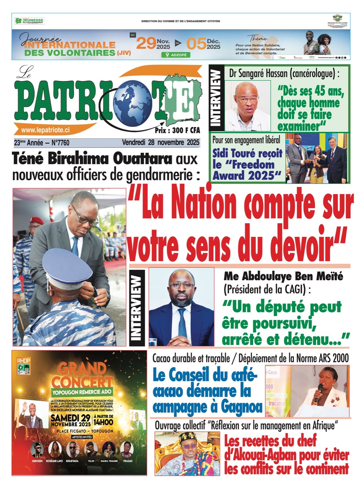 Le Patriote n°7760 du Vendredi 28 Novembre 2025 - Téné Birahima Ouattara aux nouveaux officiers de gendarmerie : “La Nation compte sur  votre sens du devoir“