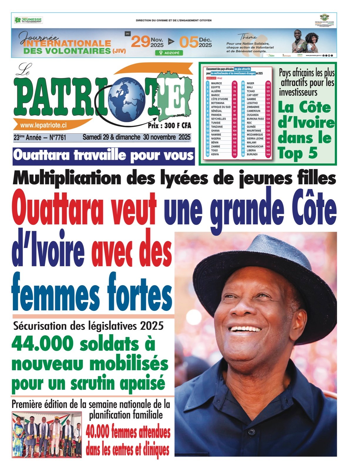 Le Patriote n°7761 du Samedi 29 Novembre 2025 - Ouattara travaille pour vous - Multiplication des lycées de jeunes filles : Ouattara veut une grande Côte d’Ivoire avec des femmes fortes