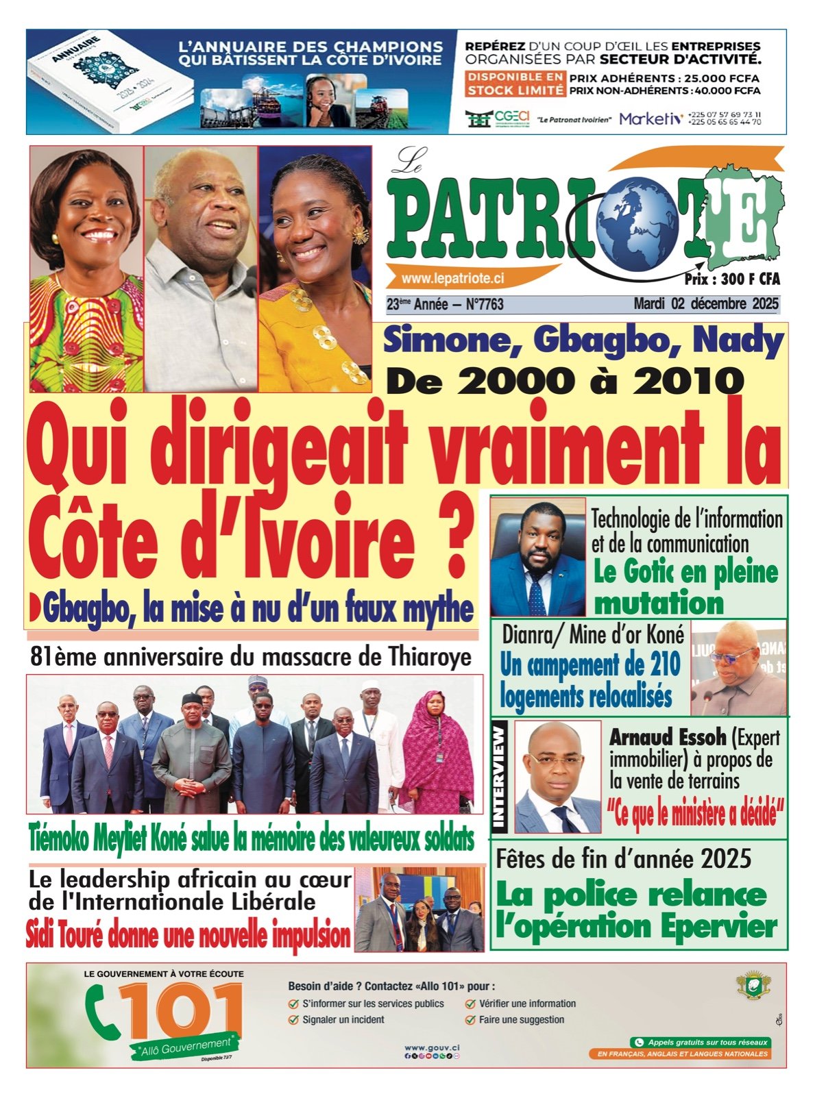 Le Patriote n°7763 du Mardi 02 Décembre 2025 - Simone, Gbagbo, Nady  : De 2000 à 2010, qui dirigeait vraiment la Côte d’Ivoire ?