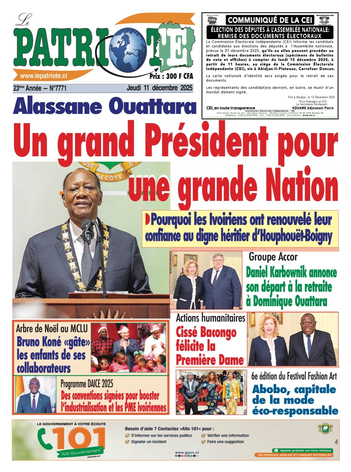 Le Patriote n°7771 du Jeudi 11 Décembre 2025 - Alassane Ouattara : Un grand Président pour une grande Nation !
