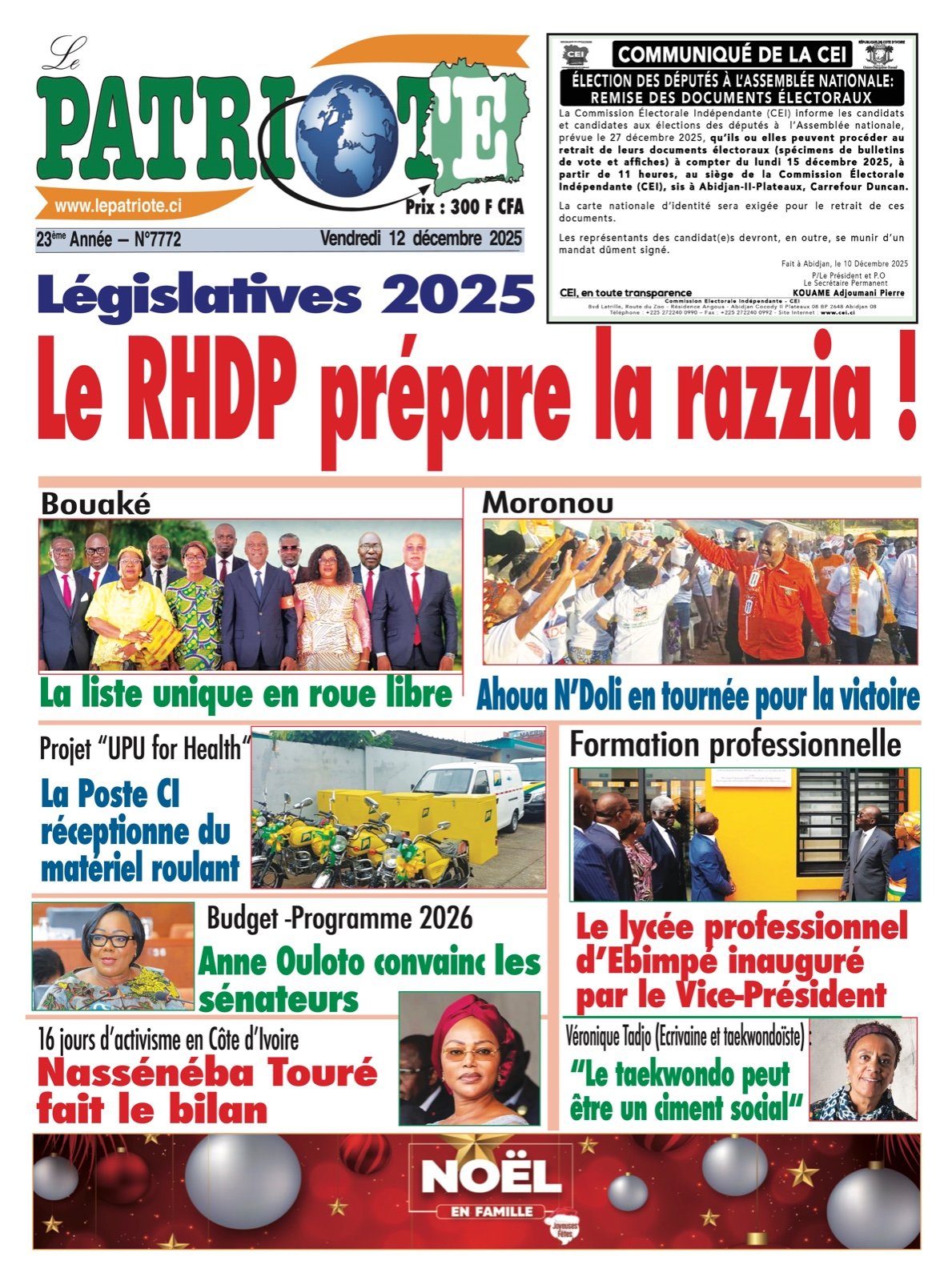 Le Patriote n°7772 du Vendredi 12 Décembre 2025 - Législatives 2025 : Le RHDP prépare la razzia !