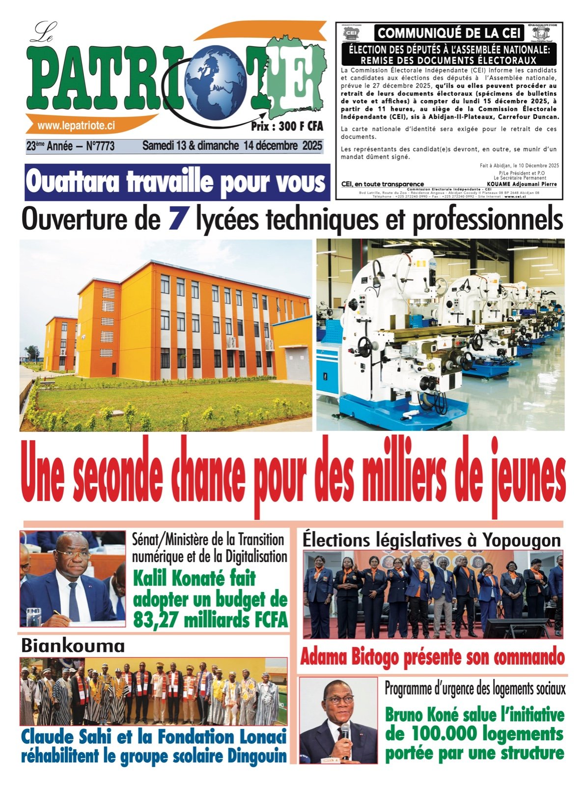Le Patriote n°7773 du Samedi 13 Décembre 2025 - Ouverture de 7 lycées techniques et professionnels : Une seconde chance pour des milliers de jeunes !