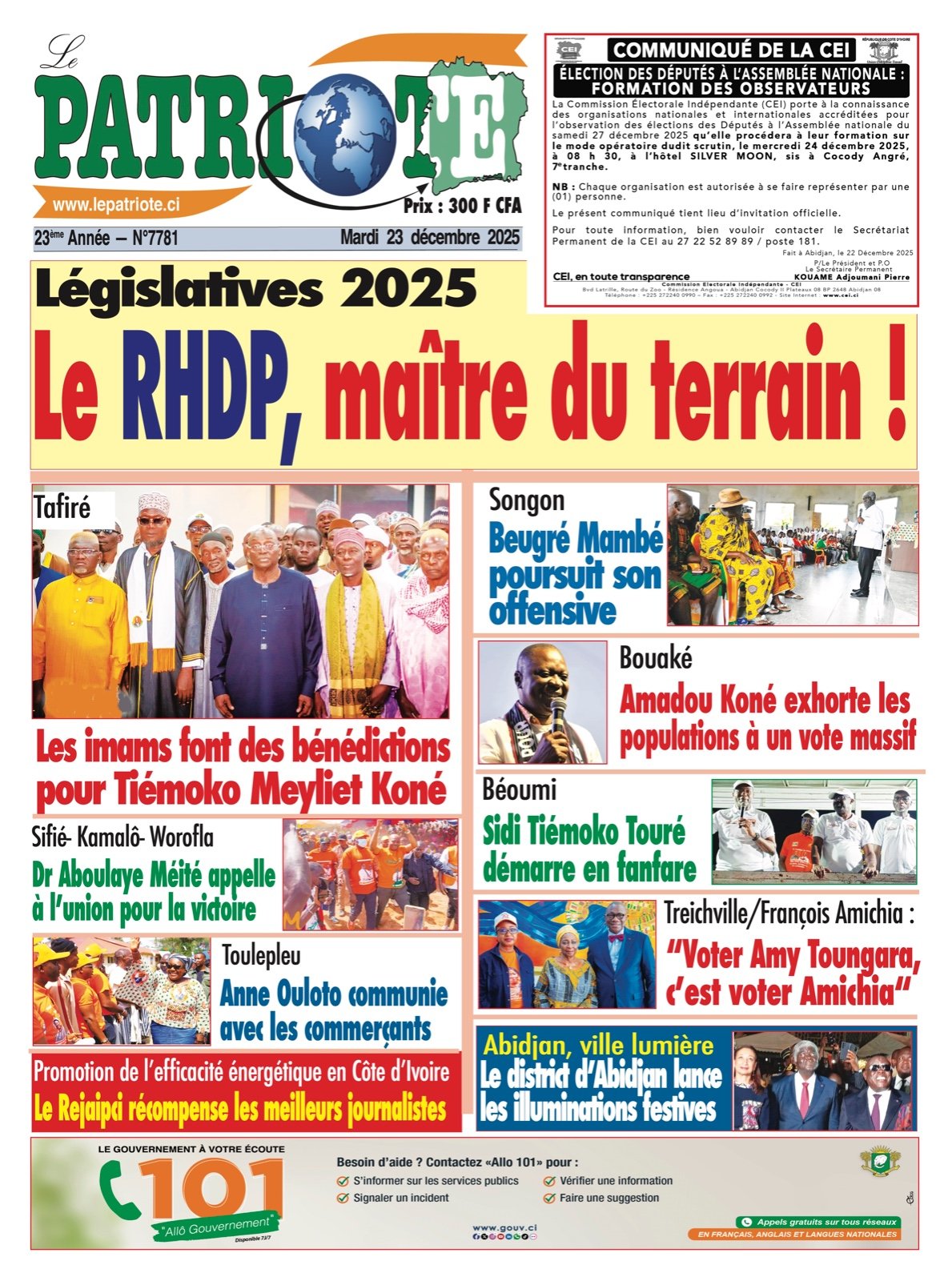 Le Patriote n°7781 du Mardi 23 Décembre 2025 - Législatives 2025 : Le RHDP, maitre du terrain !