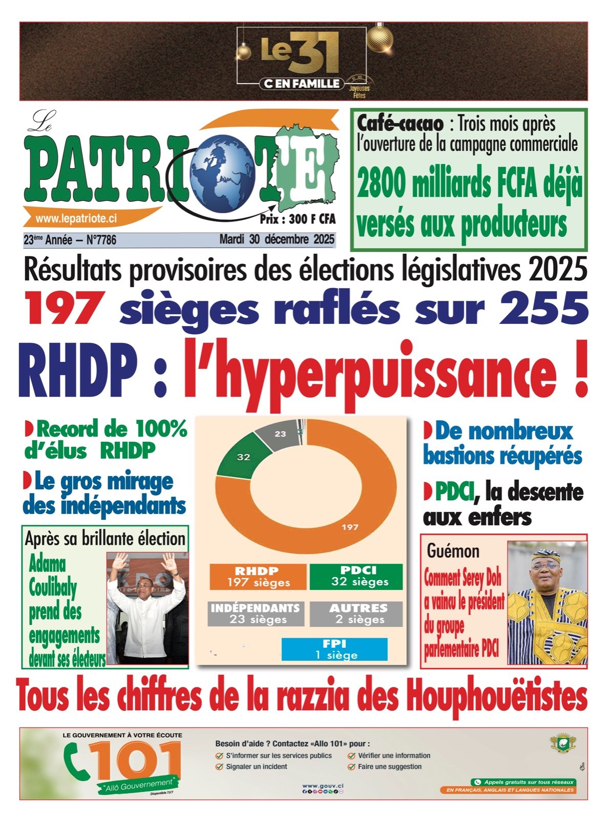 Le Patriote n°7786 du Mardi 30 Décembre 2025 - Résultats provisoires des élections législatives 2025 : 197 sièges raflés sur 255