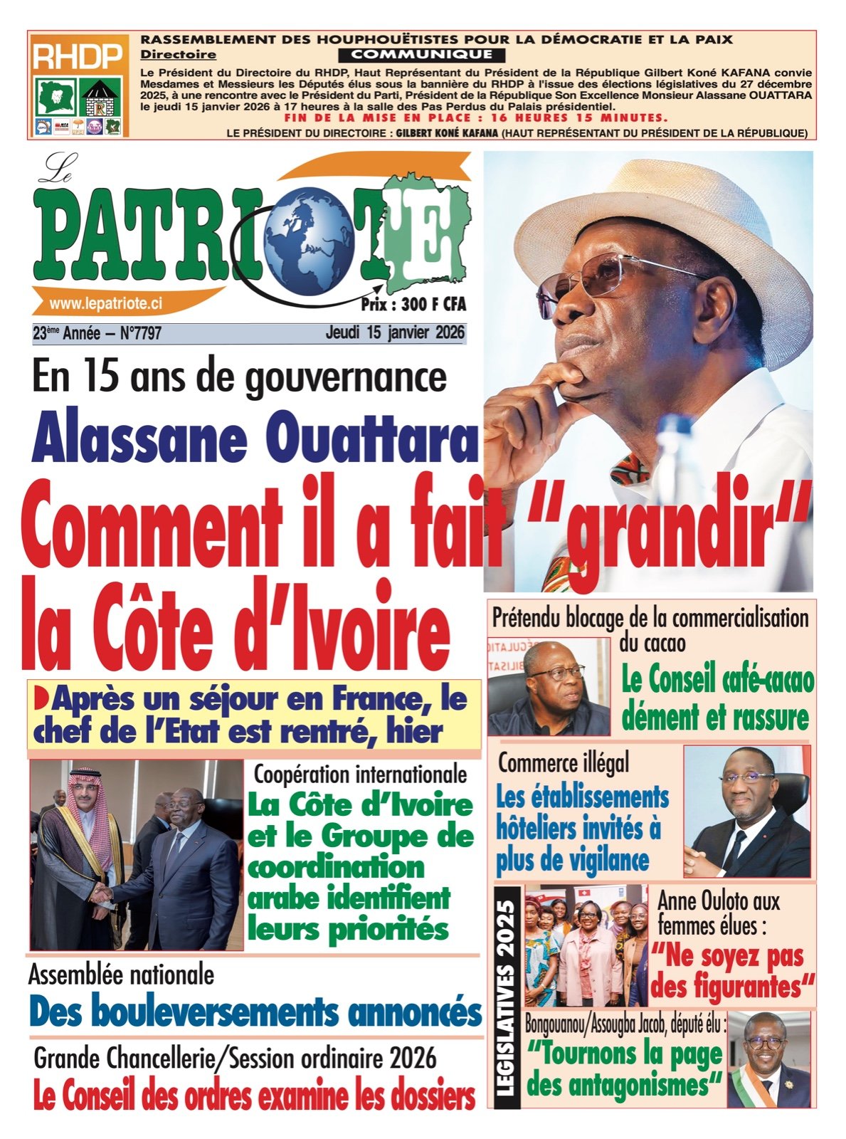 Le Patriote n°7797 du Jeudi 15 Janvier 2026 - En 15 ans de gouvernance : Comment Alassane Ouattara a fait “grandir“ la Côte d’Ivoire