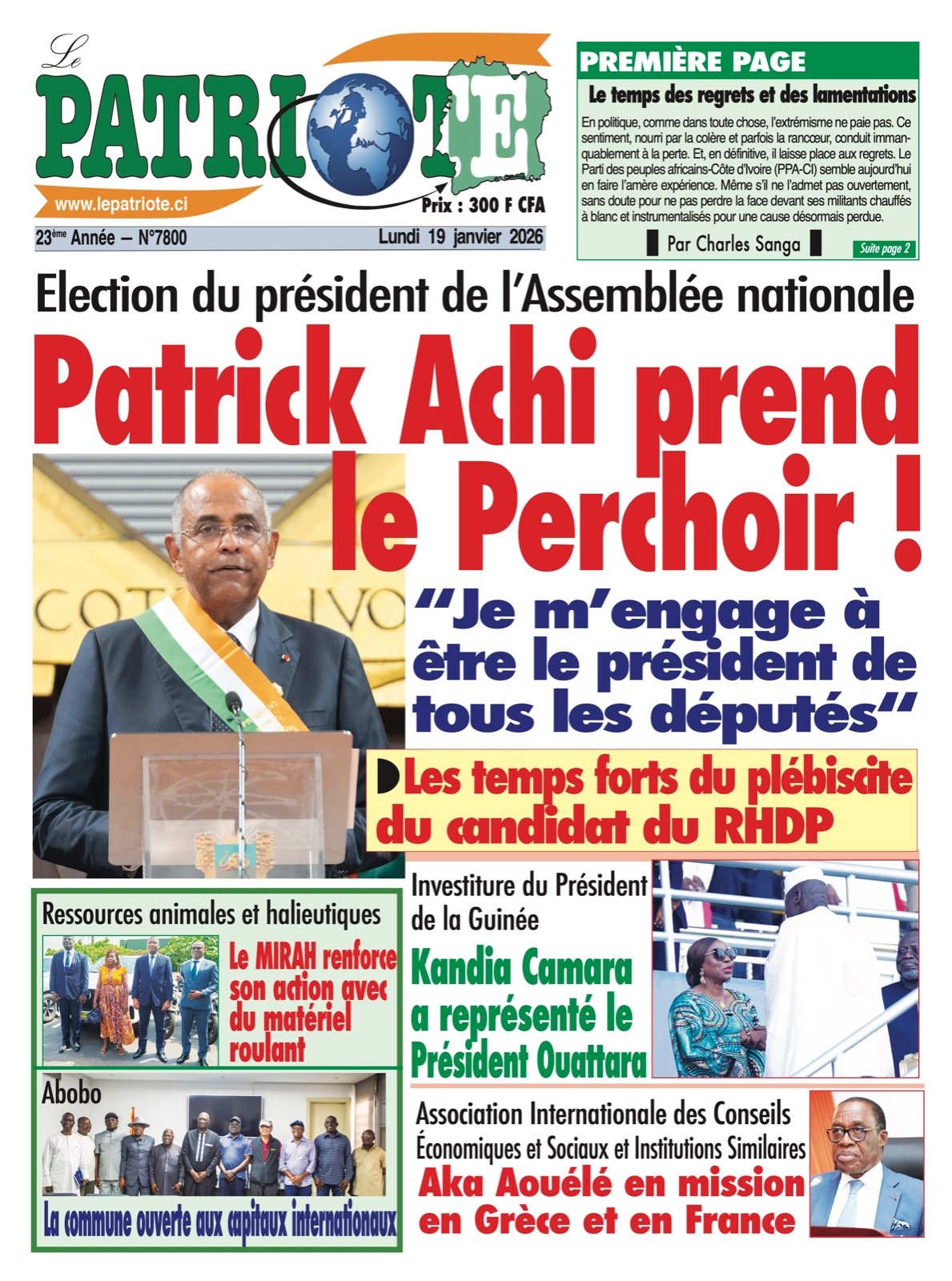 Le Patriote n°7800 du Lundi 19 Janvier 2026 - Assemblée nationale : Patrick Achi prend le Perchoir !