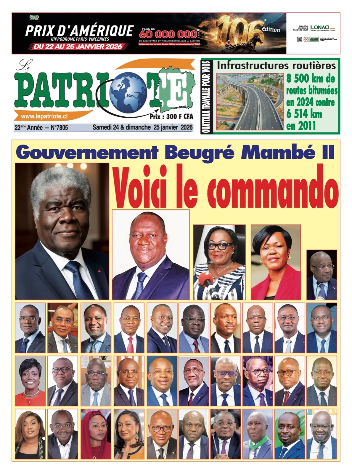 Le Patriote n°7805 du Samedi 24 Janvier 2026 - Gouvernement Beugré Mambé II : Voici le commando !