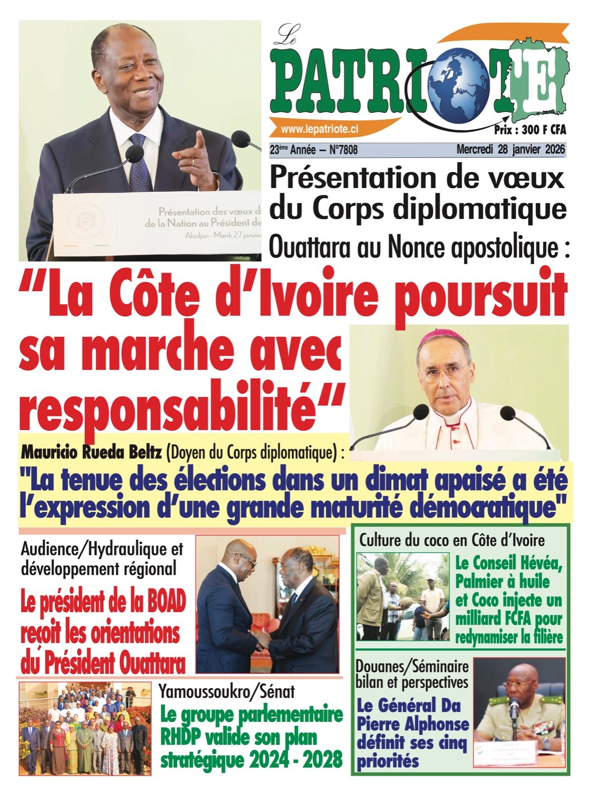Le Patriote n°7808 du Mercredi 28 Janvier 2026 - Présentation de vœux du Corps diplomatique  - Ouattara au Nonce apostolique : "La Côte d’Ivoire poursuit sa marche avec responsabilité"