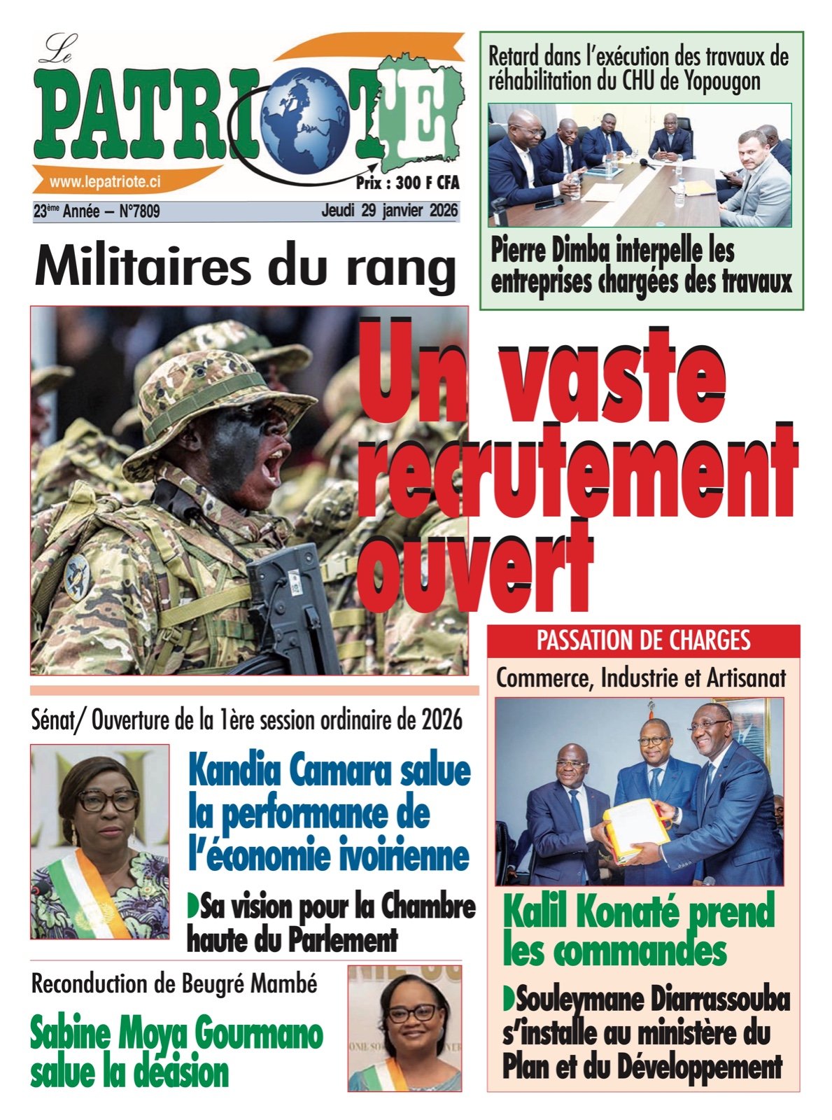 Le Patriote n°7809 du Jeudi 29 Janvier 2026 - Militaires du rang : Un vaste recrutement ouvert !