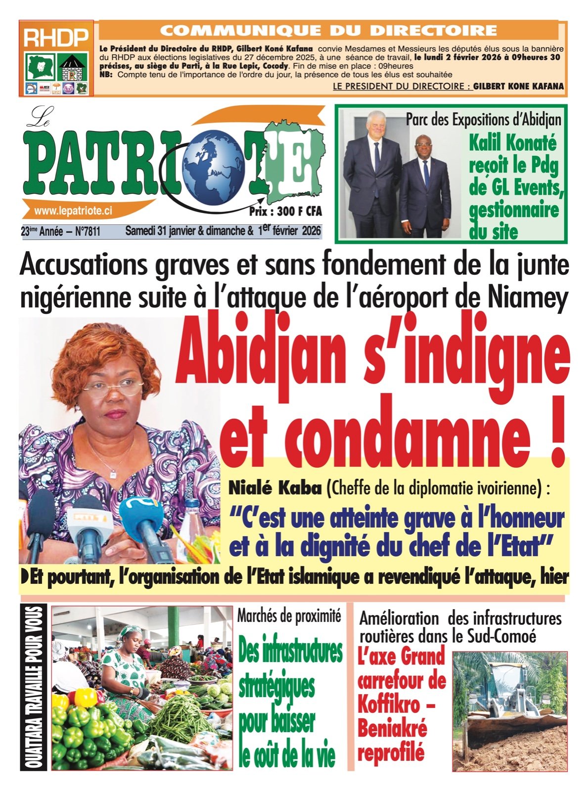 Le Patriote n°7811 du Samedi 31 Janvier 2026 - Accusations graves et sans fondement de la junte  nigérienne suite à l’attaque de l’aéroport de Niamey :  Abidjan s’indigne et condamne !