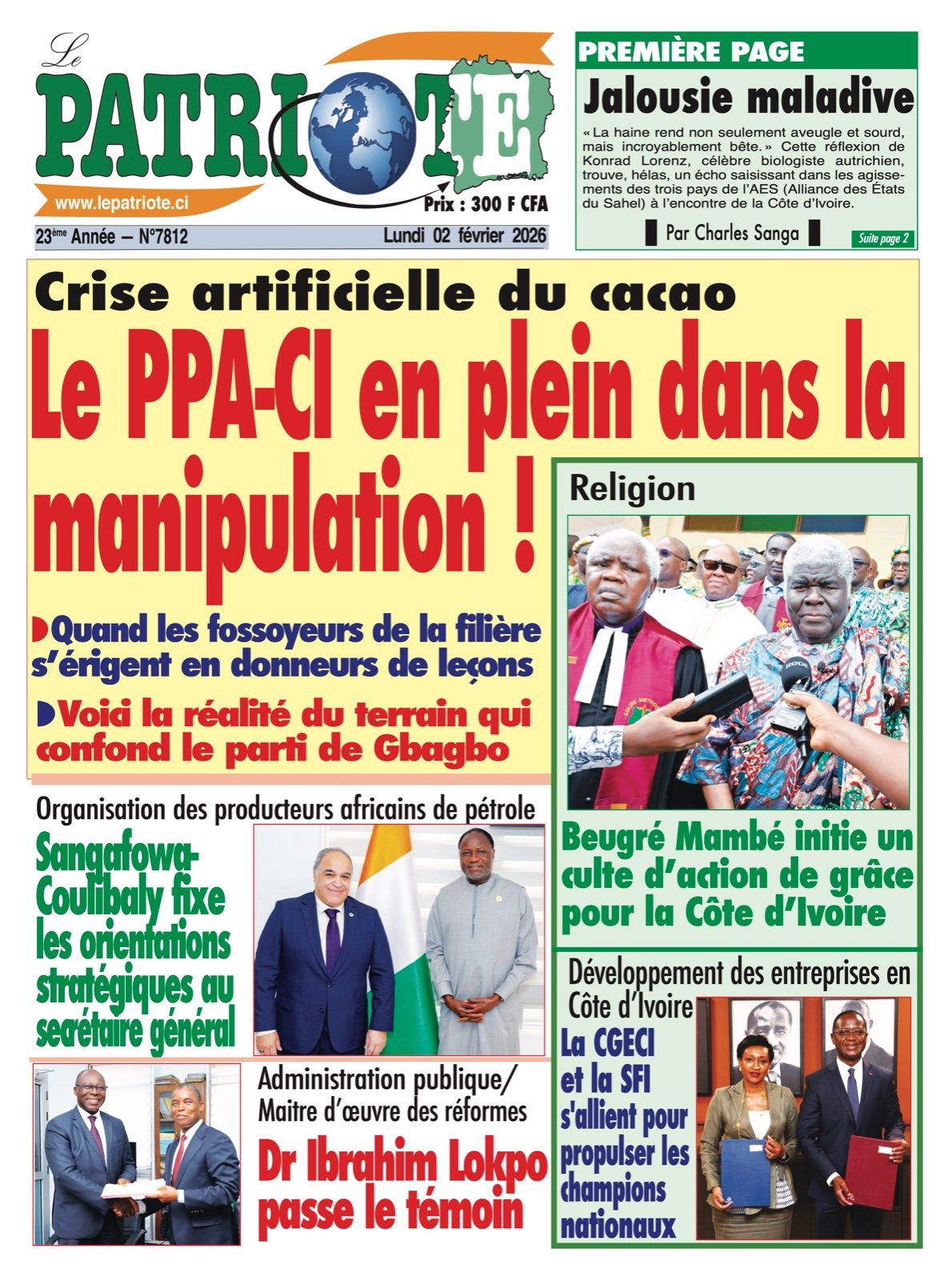 Le Patriote n°7812 du Lundi 02 Février 2026 - Crise artificielle du cacao : Le PPA-CI en plein dans la manipulation !