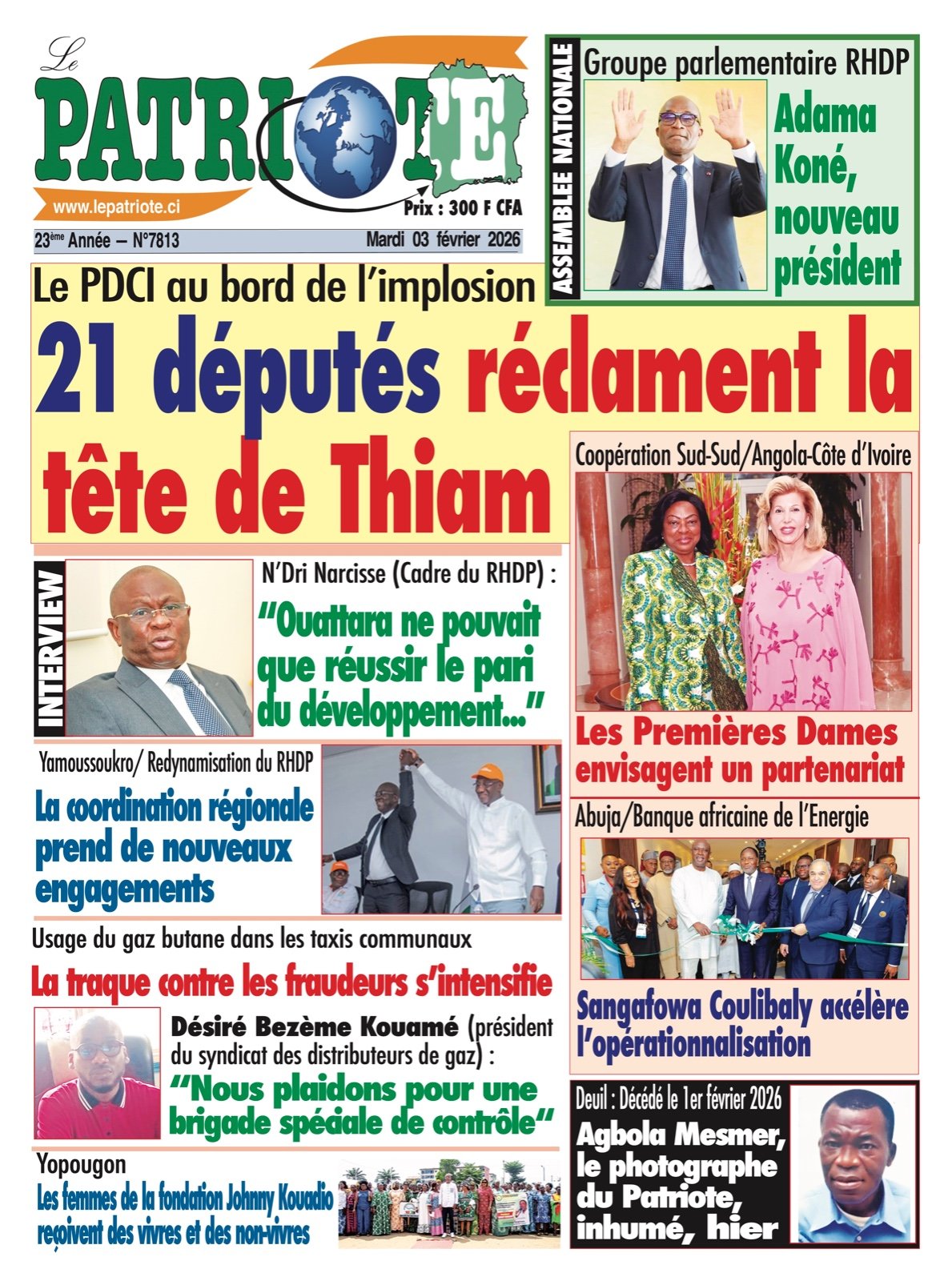 Le Patriote n°7813 du Mardi 03 Février 2026 - Le PDCI au bord de l’implosion : 21 députés réclament la tête de Thiam !
