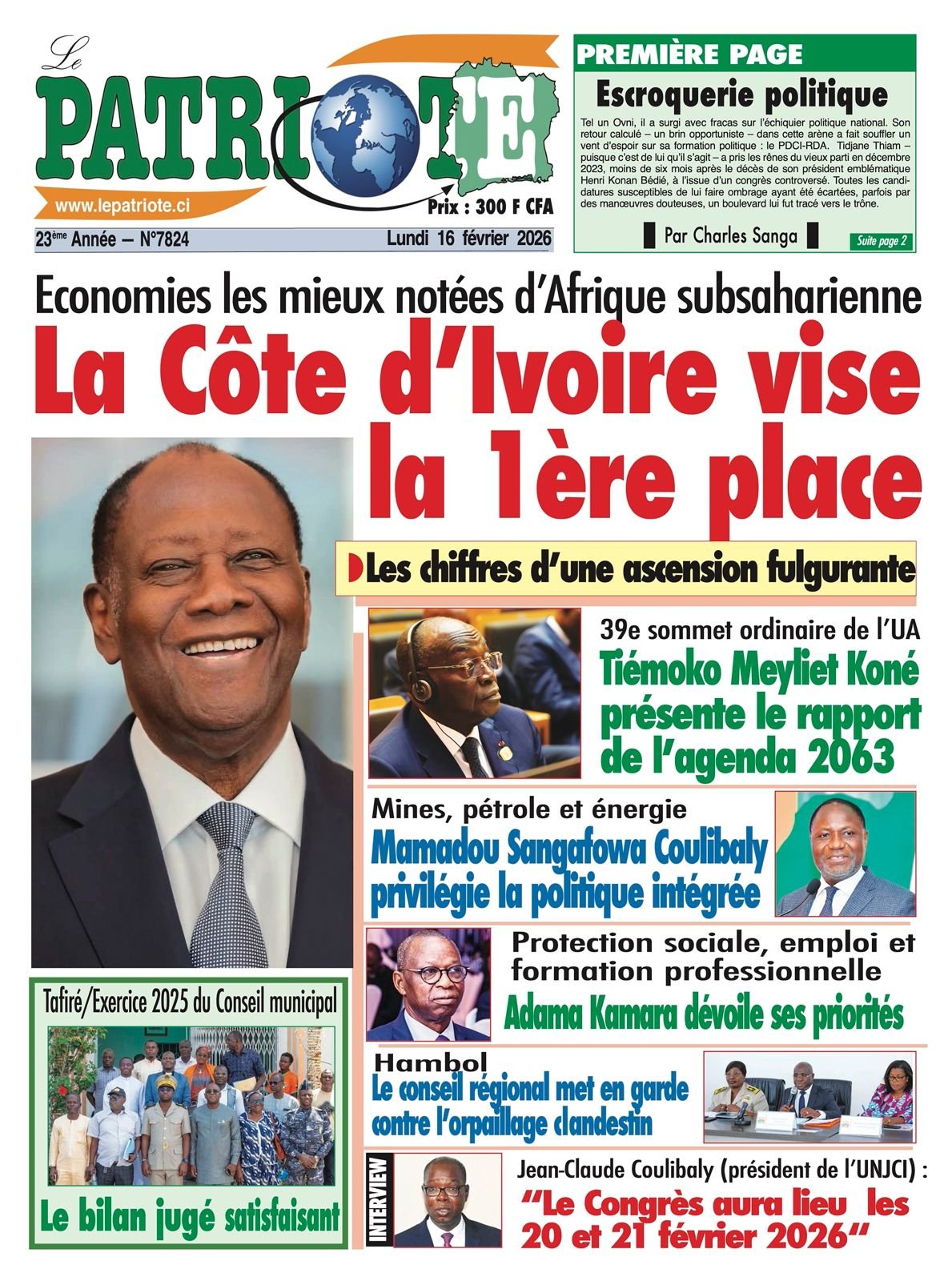 Le Patriote n°7824 du Lundi 16 Février 2026 - Economies les mieux notées d’Afrique subsaharienne : La Côte d’Ivoire vise la 1ère place !