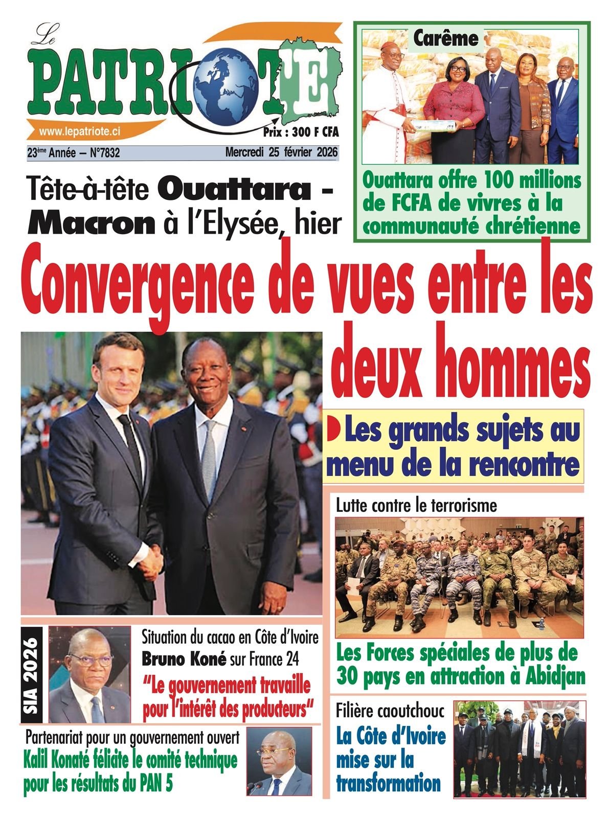 Le Patriote n°7832 du Mercredi 25 Février 2026 - Tête-à-tête Ouattara -  Macron à l’Elysée : Convergence de vues entre les deux hommes !