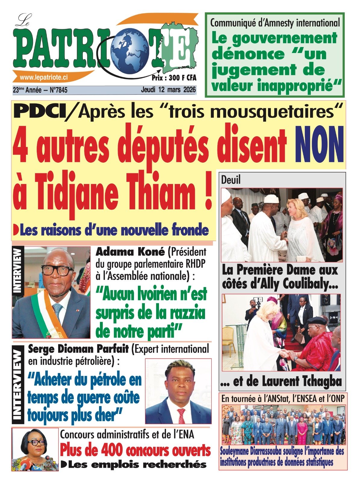 Le Patriote n°7845 du Jeudi 12 Mars 2026 - PDCI : Après les "trois mousquetaires",  quatre autres députés disent NON à Thiam !