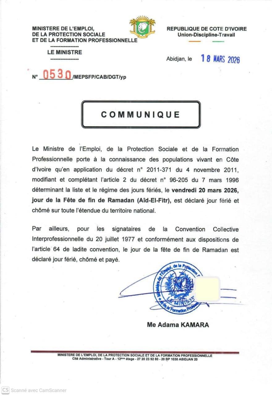 Côte d’Ivoire : le vendredi 20 mars 2026, jour de la fête de Ramadan, est déclaré férié et chômé !