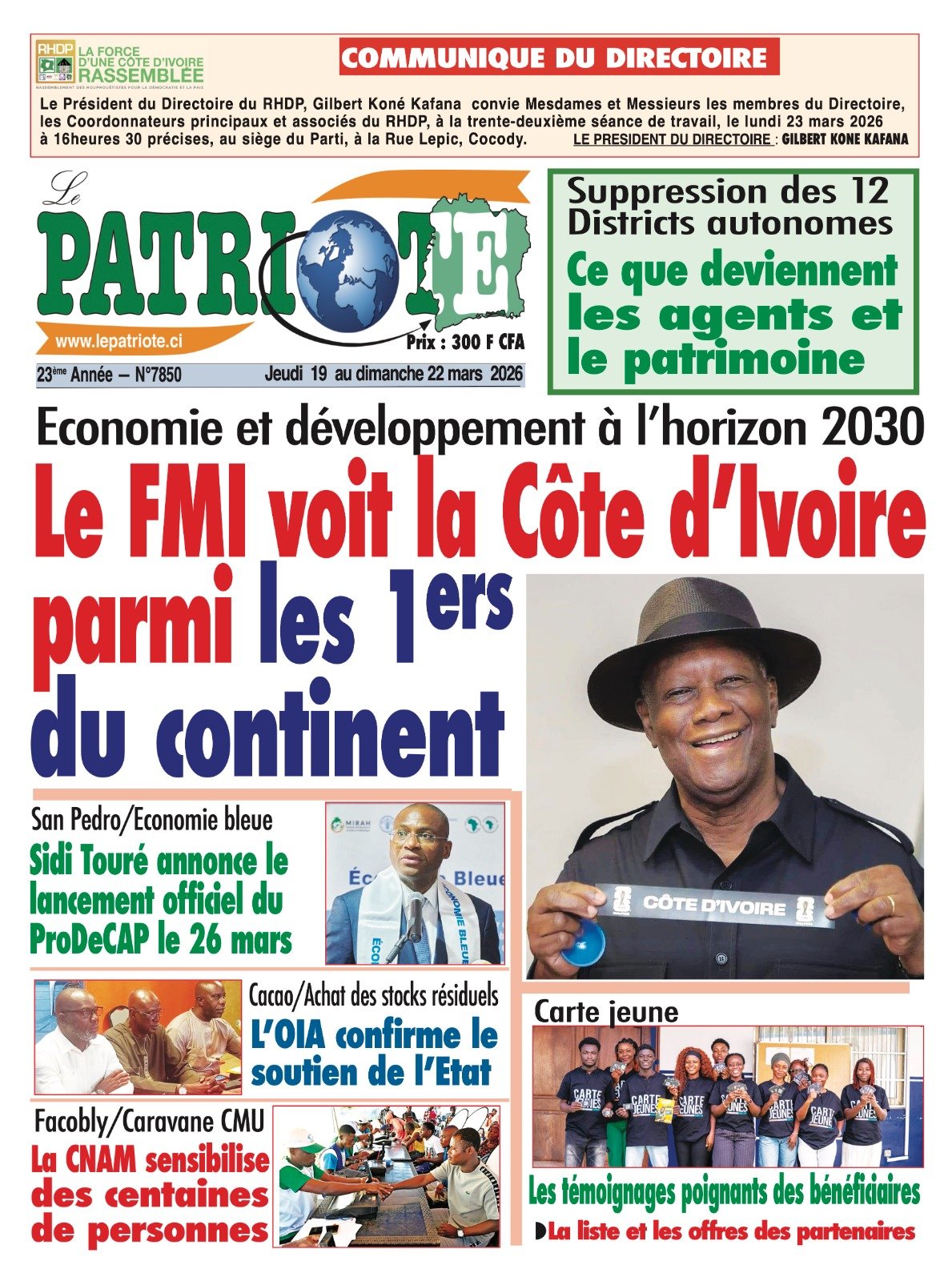Le Patriote n°7850 du Jeudi 19 Mars 2026 - Economie et développement à l’horizon 2030 : Le FMI voit la Côte d’Ivoire parmi les 1ers du continent !