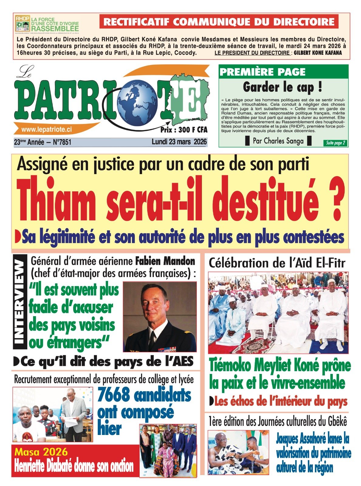 Le Patriote n°7851 du Lundi 23 Mars 2026 - Assigné en justice par un cadre de son parti : Thiam sera-t-il destitué ?