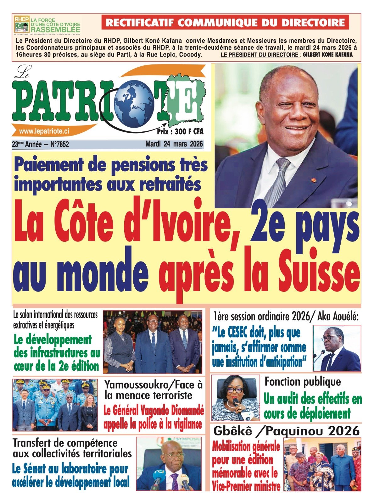Le Patriote n°7852 du Mardi 24 Mars 2026 - Paiement de pensions très  importantes aux retraités : La Côte d’Ivoire, 2e pays au monde après la Suisse !