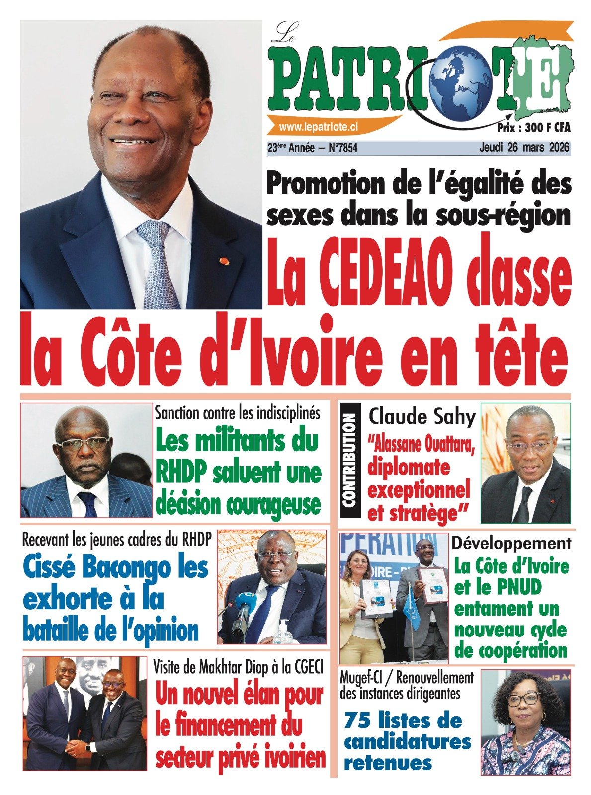 Le Patriote n°7854 du Jeudi 26 Mars 2026 - Promotion de l’égalité des  sexes dans la sous-région : La CEDEAO classe la Côte d’Ivoire en tête !