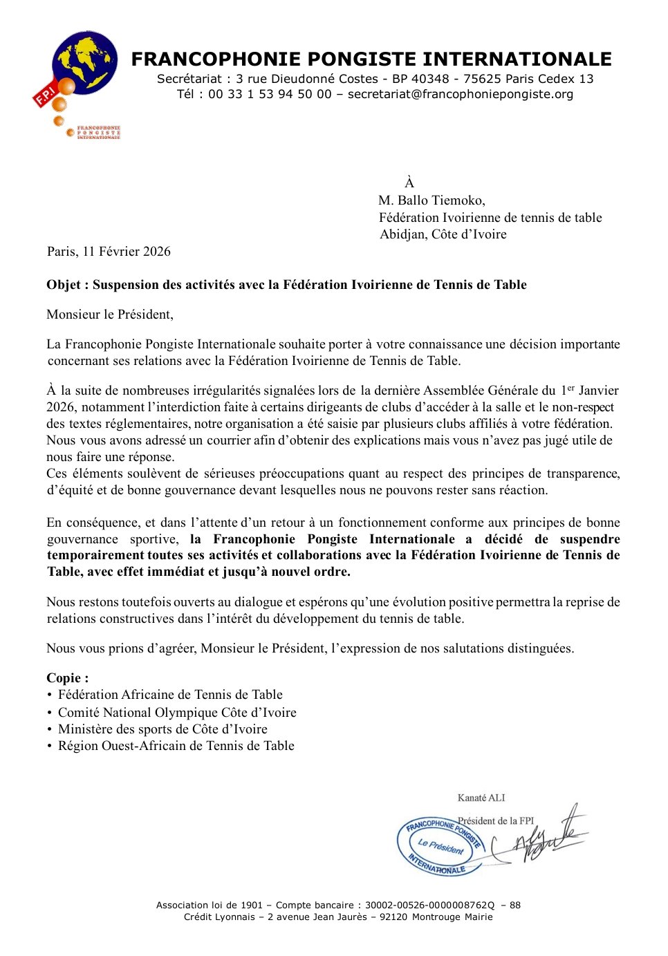 Tennis de table : La Francophonie Pongiste Internationale suspend la Côte d’Ivoire