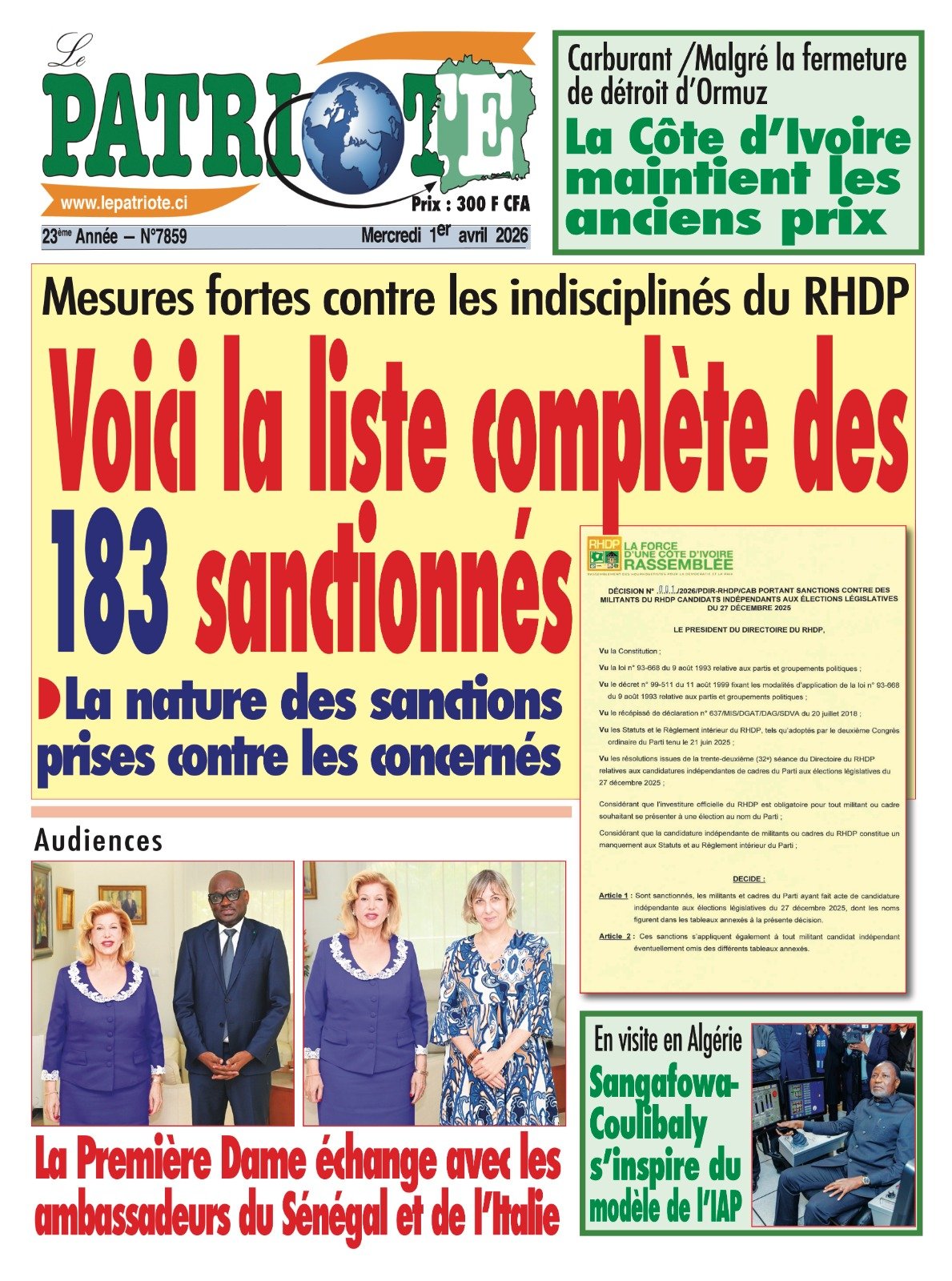 Le Patriote n°7859 du Mercredi 01 Avril 2026 - Mesures fortes contre les indisciplinés du RHDP : Voici la liste complète des 183 sanctionnés !