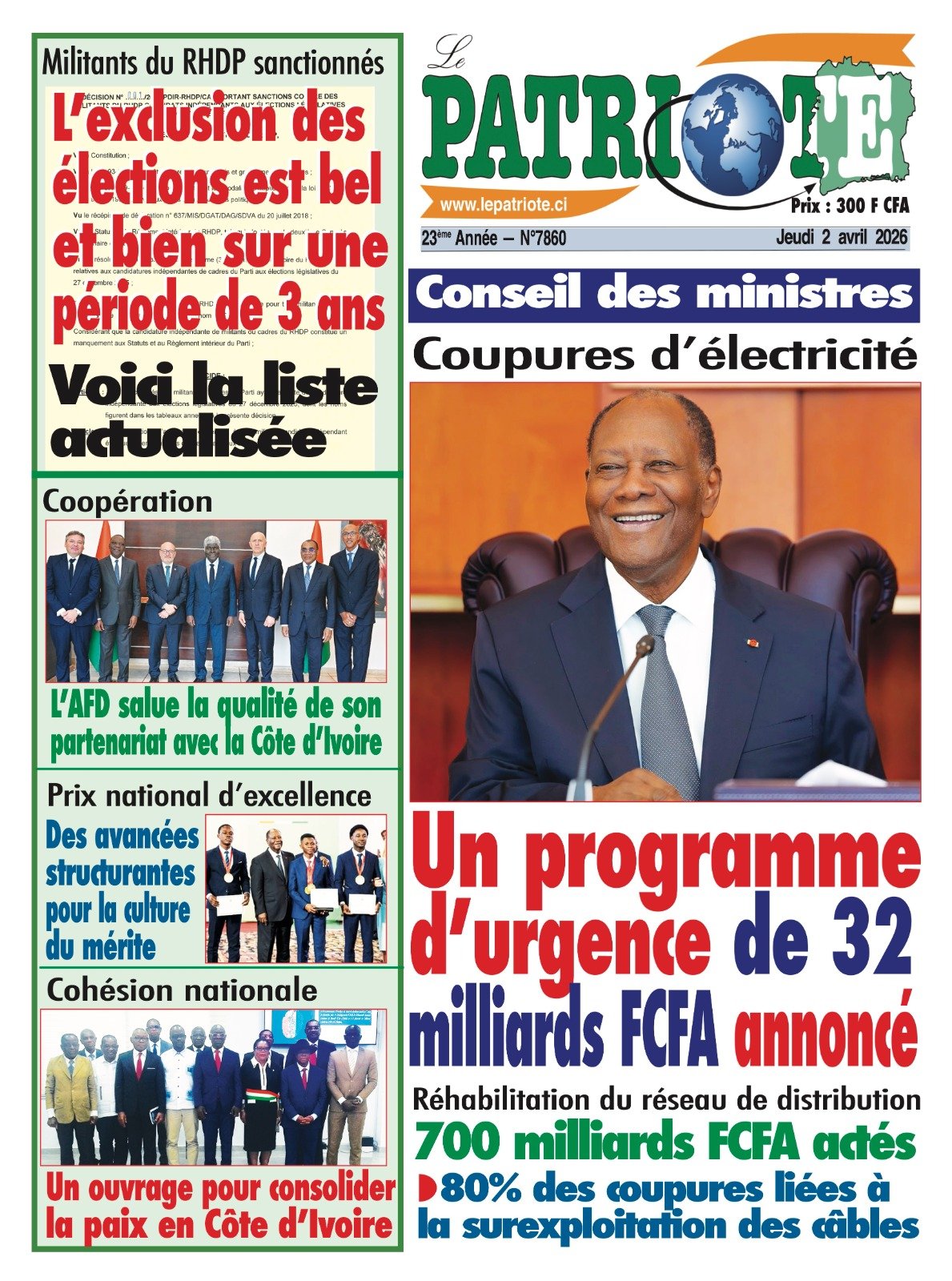 Le Patriote n°7860 du Jeudi 02 Avril 2026 - Coupures d’électricité : Un programme d’urgence de 32 milliards FCFA annoncé !
