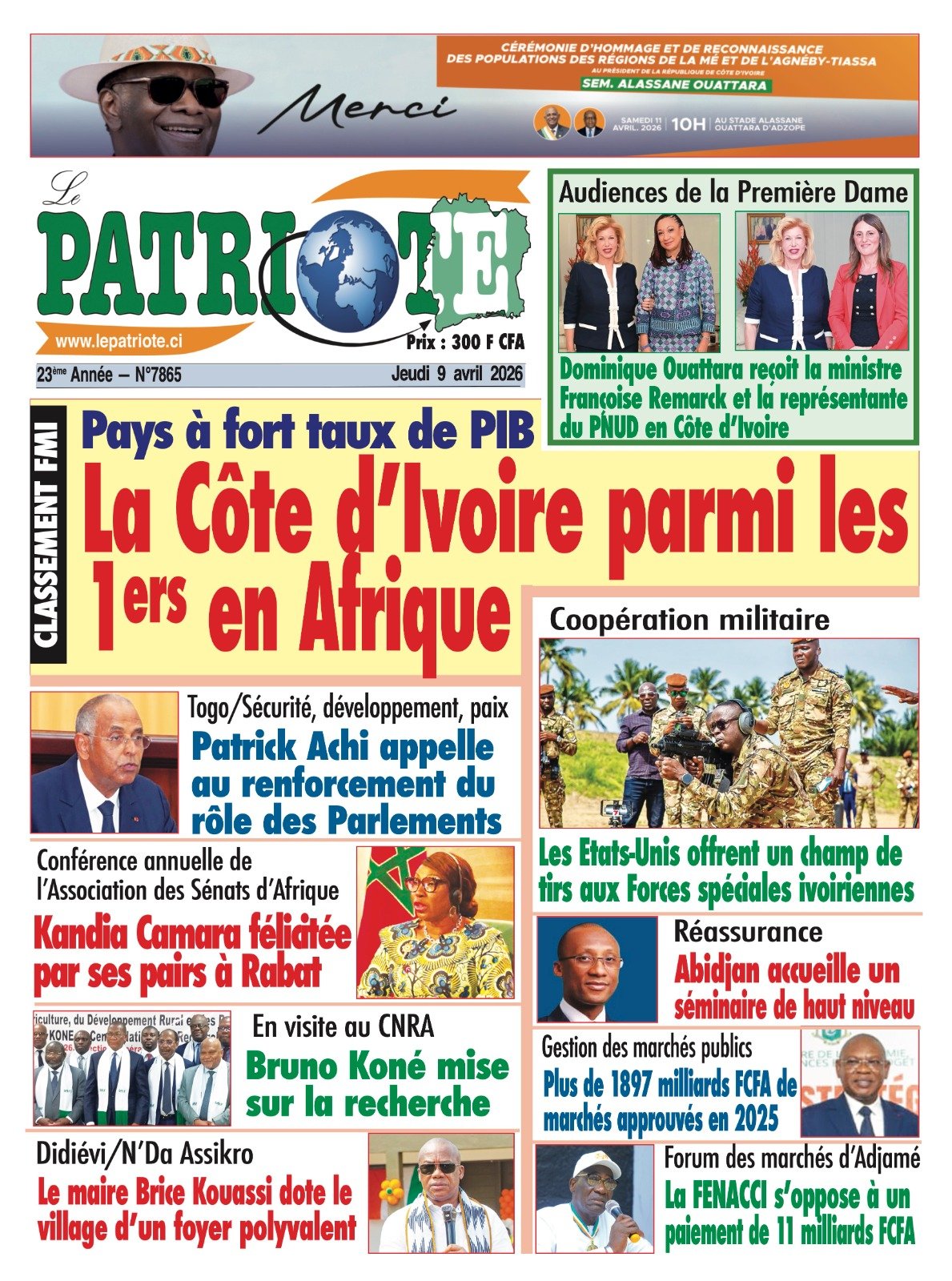 Le Patriote n°7865 du Jeudi 09 Avril 2026 - Classement FMI des pays à fort taux de PIB : La Côte d’Ivoire parmi les  premiers en Afrique !