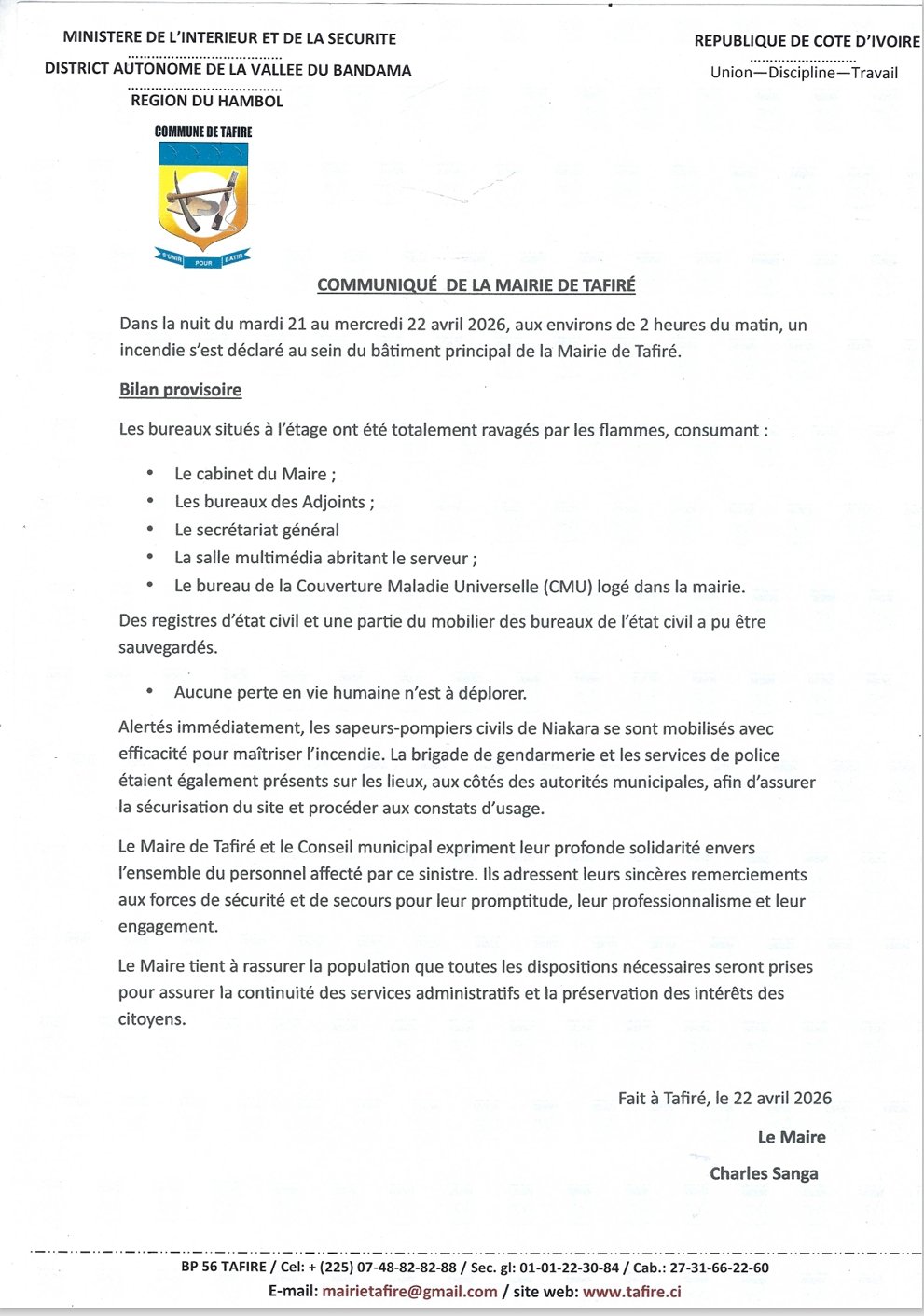 Tafiré : un incendie ravage une partie de la mairie, d’importants dégâts matériels, aucune perte humaine